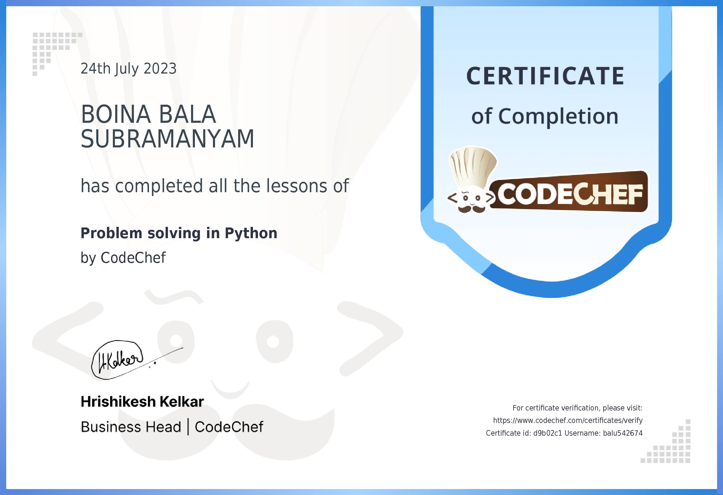 Awarded to BOINA BALA SUBRAMANYAM for completing <a href='/learn/course/python-beginner-v2-p1'>Python for problem solving - 1</a>