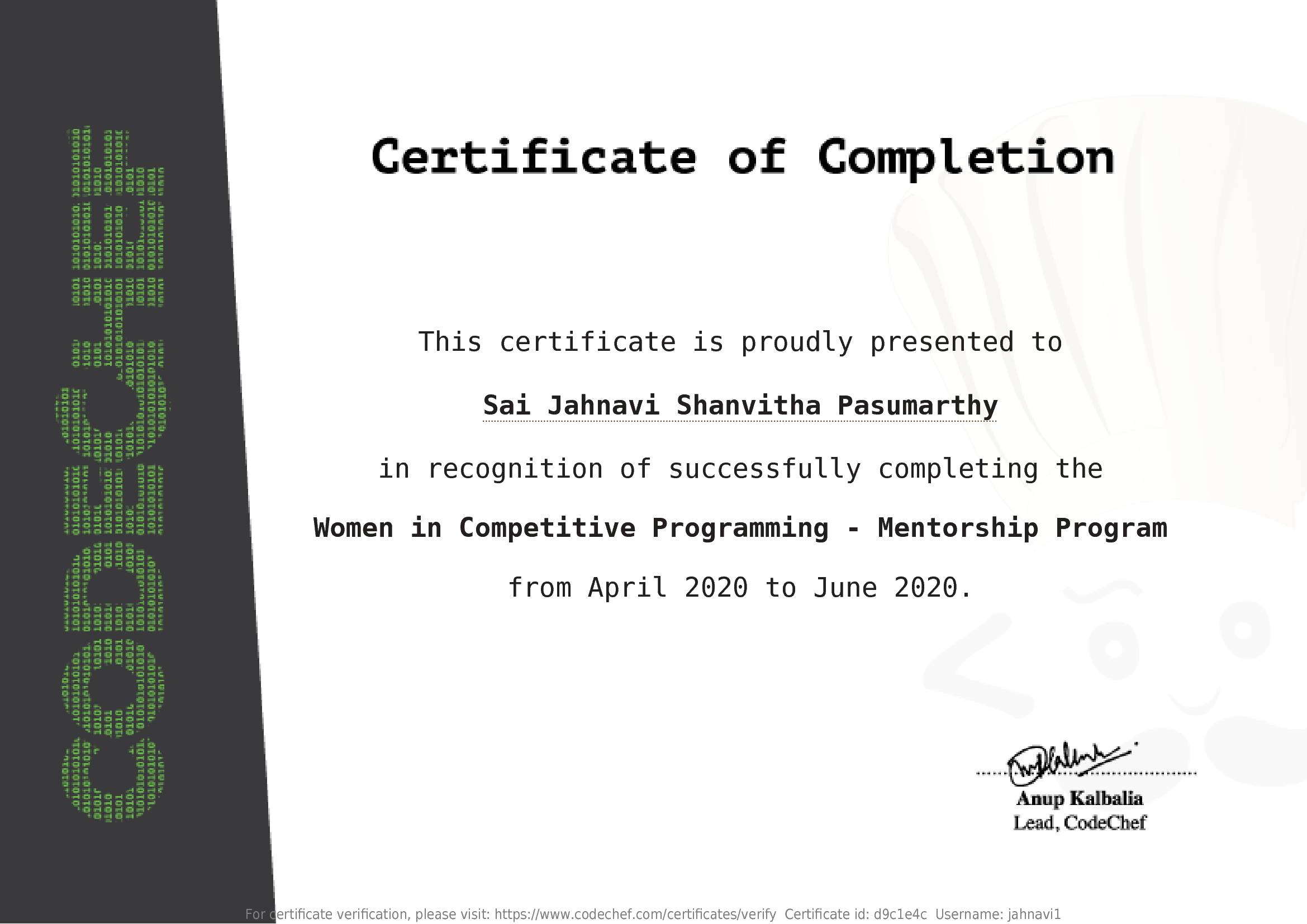 Awarded to Sai Jahnavi Shanvitha Pasumarthy 