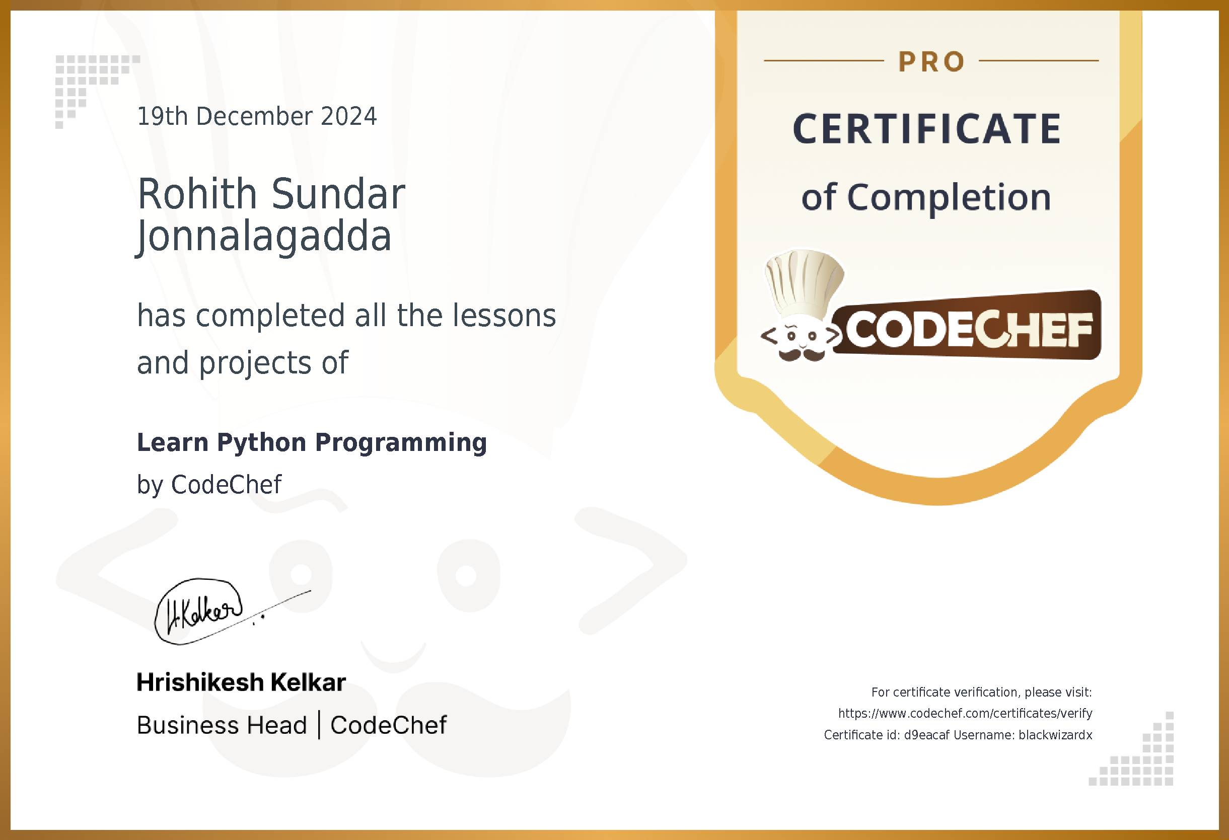 Awarded to Rohith Sundar Jonnalagadda for completing <a href='/learn/course/python'>Learn Python Programming</a>