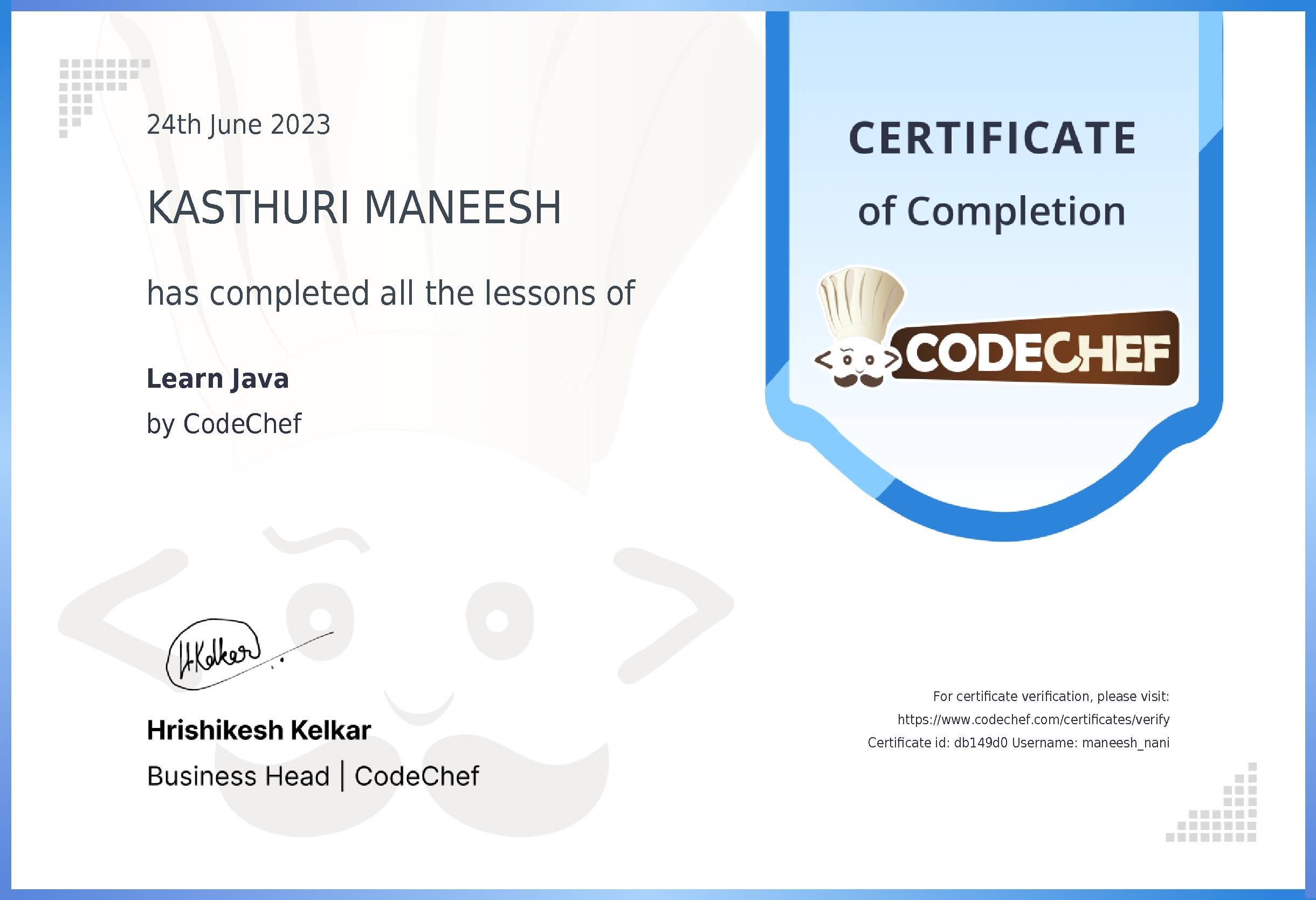 Awarded to KASTHURI MANEESH for completing <a href='/learn/course/java-previous'>Learn Java</a>