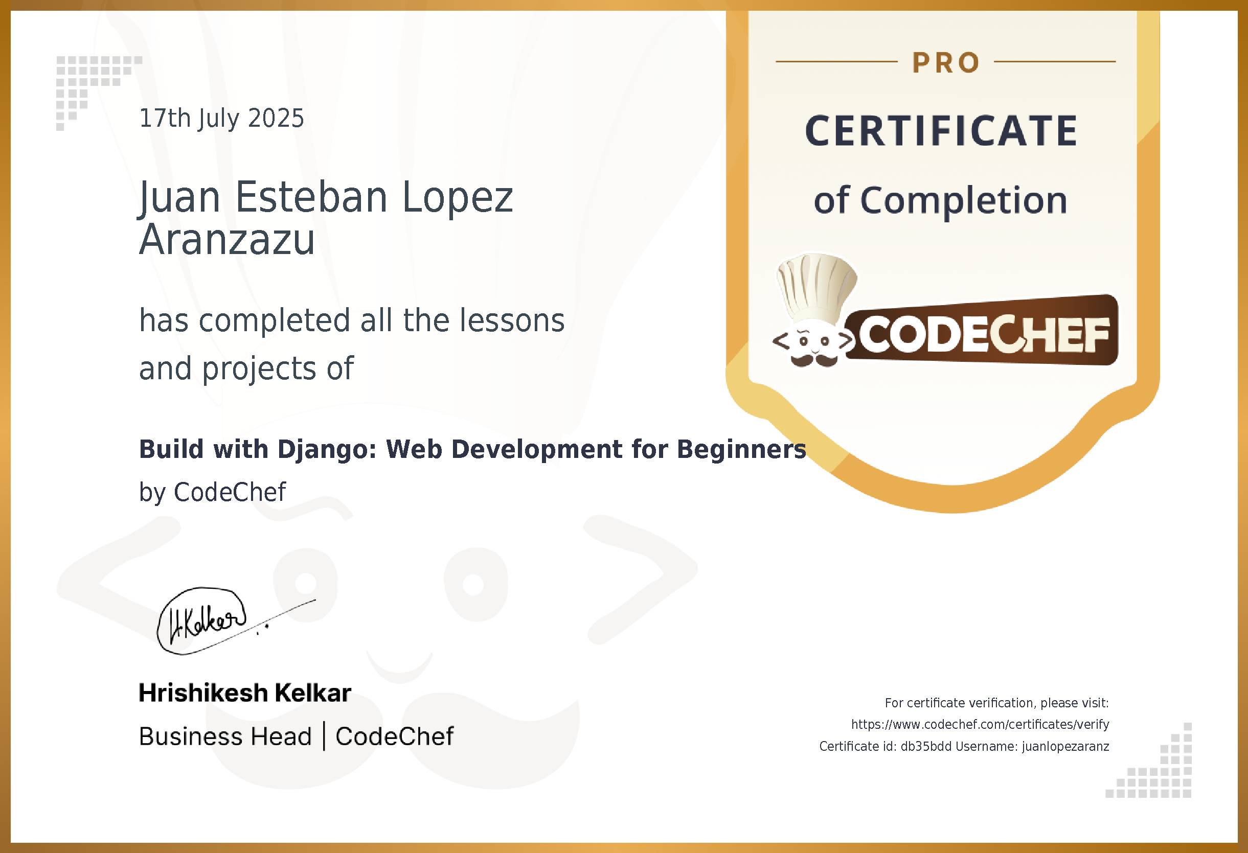 Awarded to Juan Esteban Lopez Aranzazu for completing <a href='/learn/course/django'>Build with Django: Web Development for Beginners</a>