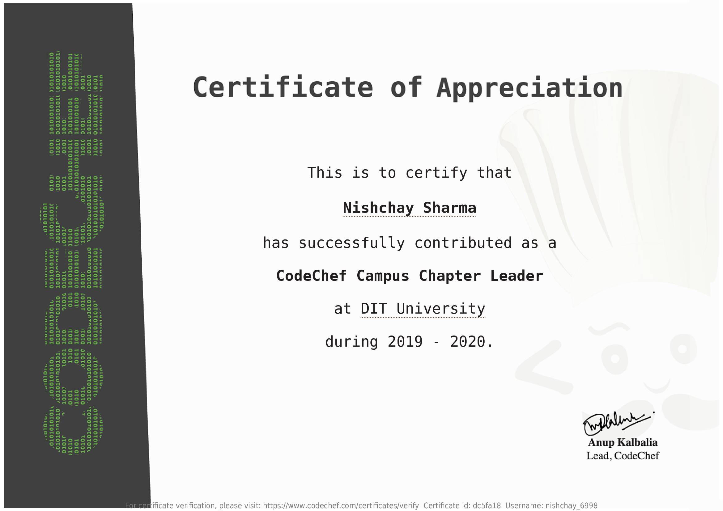 Awarded to Nishchay Sharma