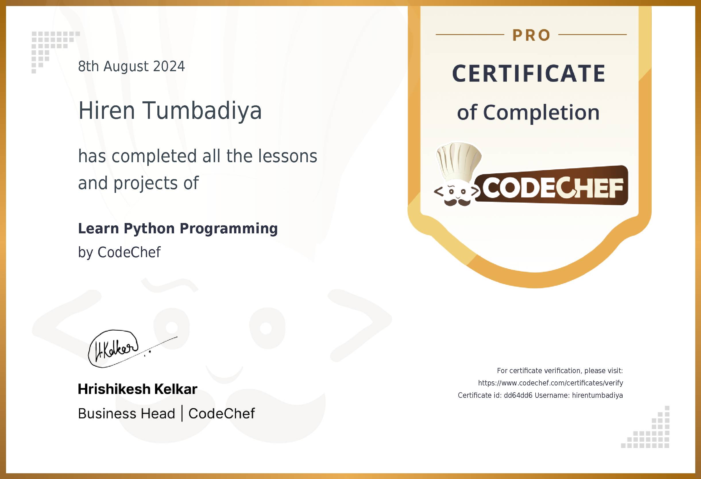 Awarded to Hiren Tumbadiya for completing <a href='/learn/course/python'>Learn Python Programming</a>