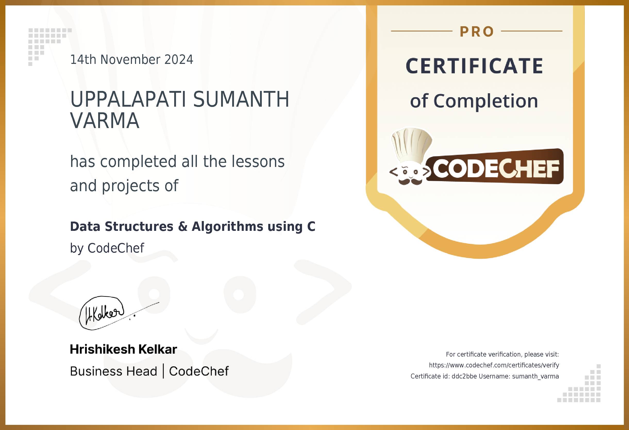 Awarded to UPPALAPATI SUMANTH VARMA for completing <a href='/learn/course/ciet-data-structures-c'>Data Structures & Algorithms using C</a>