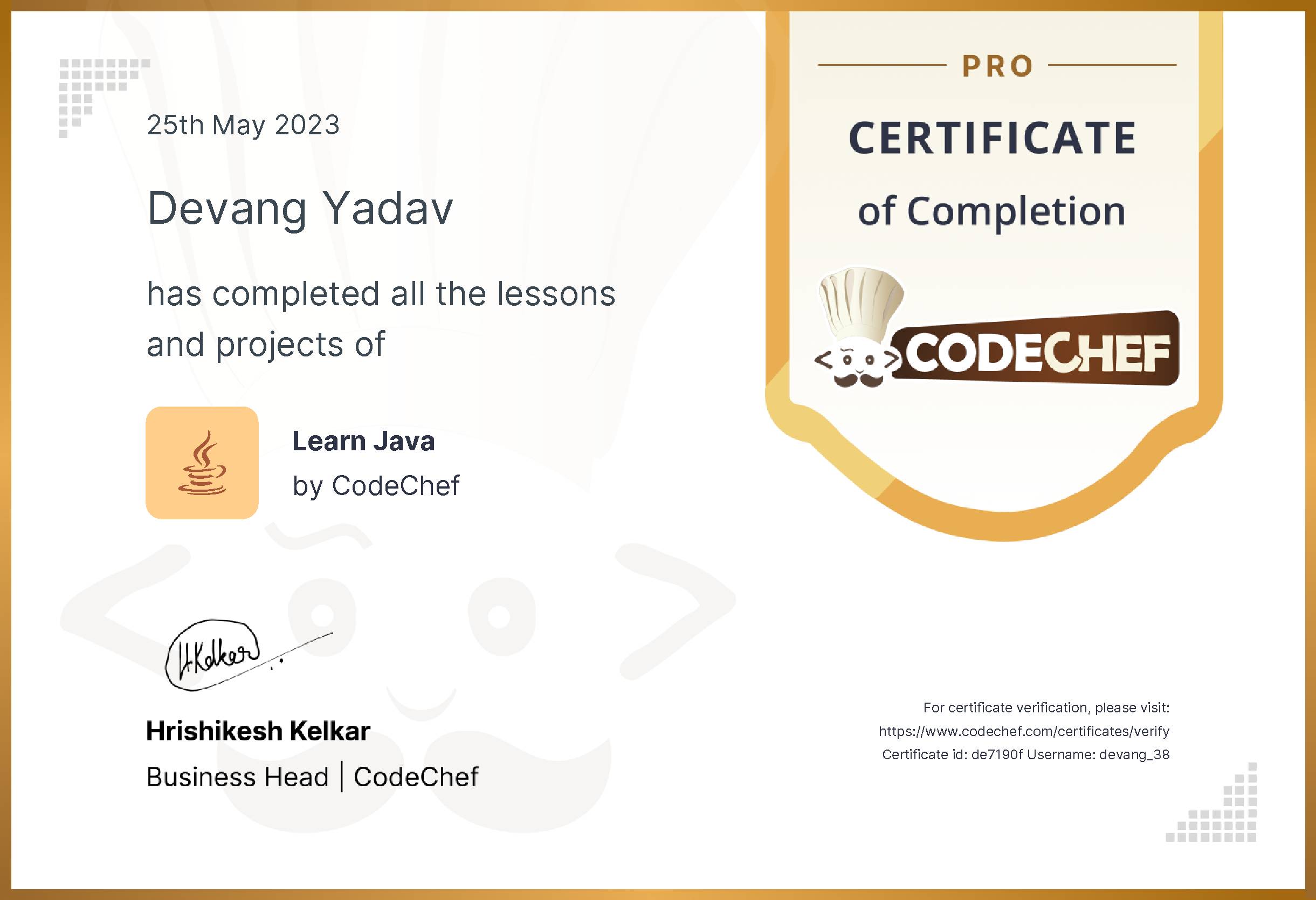 Awarded to Devang Yadav for completing <a href='/learn/course/java-old'>Learn Java - Pro</a>