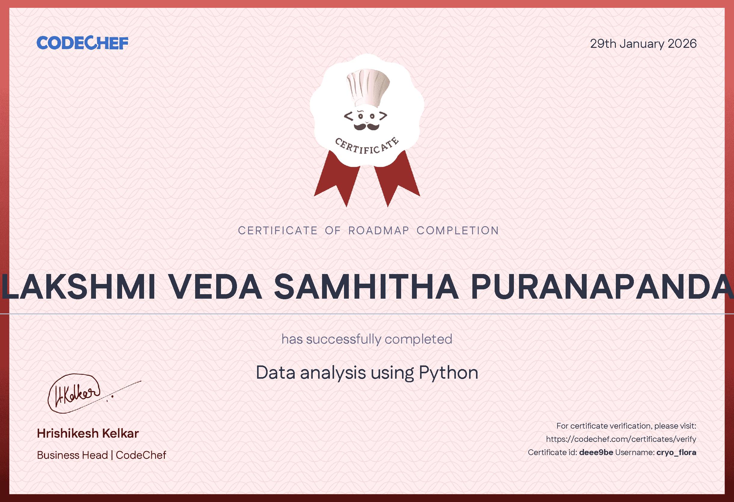 Awarded to LAKSHMI VEDA SAMHITHA PURANAPANDA