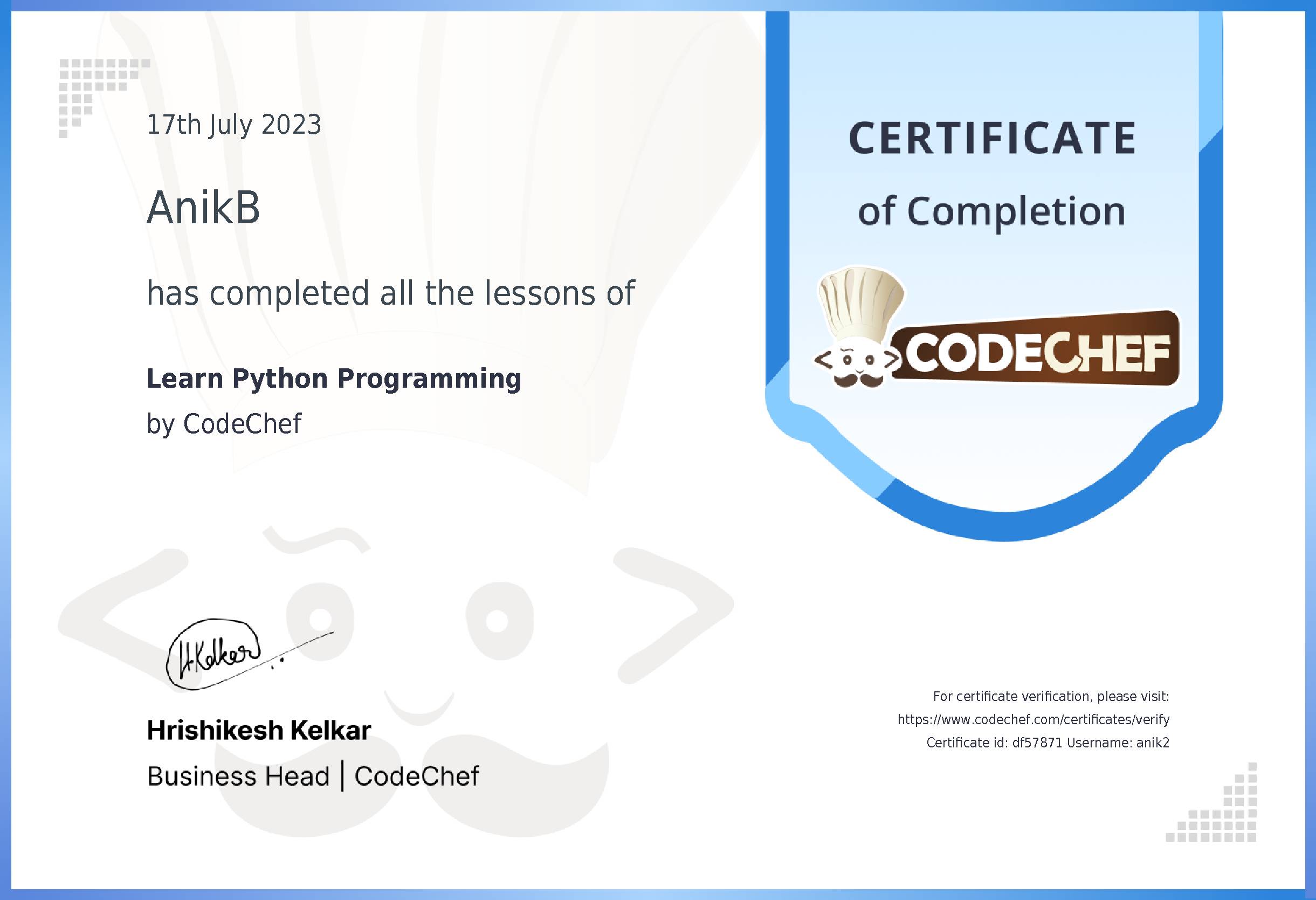 Awarded to AnikB for completing <a href='/learn/course/python'>Learn Python</a>