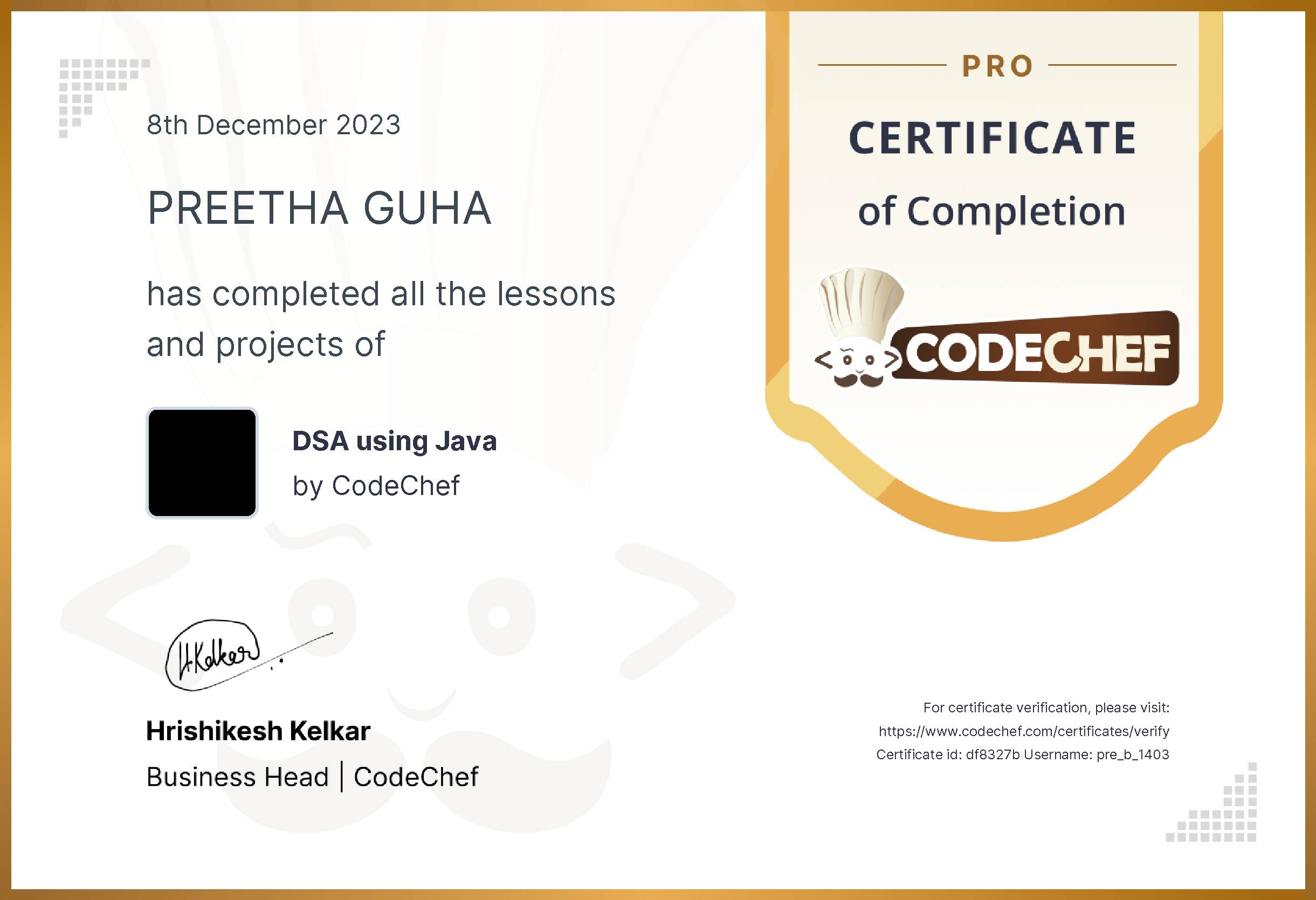 Awarded to PREETHA GUHA for completing <a href='/learn/course/pdsaj'>DSA using Java</a>