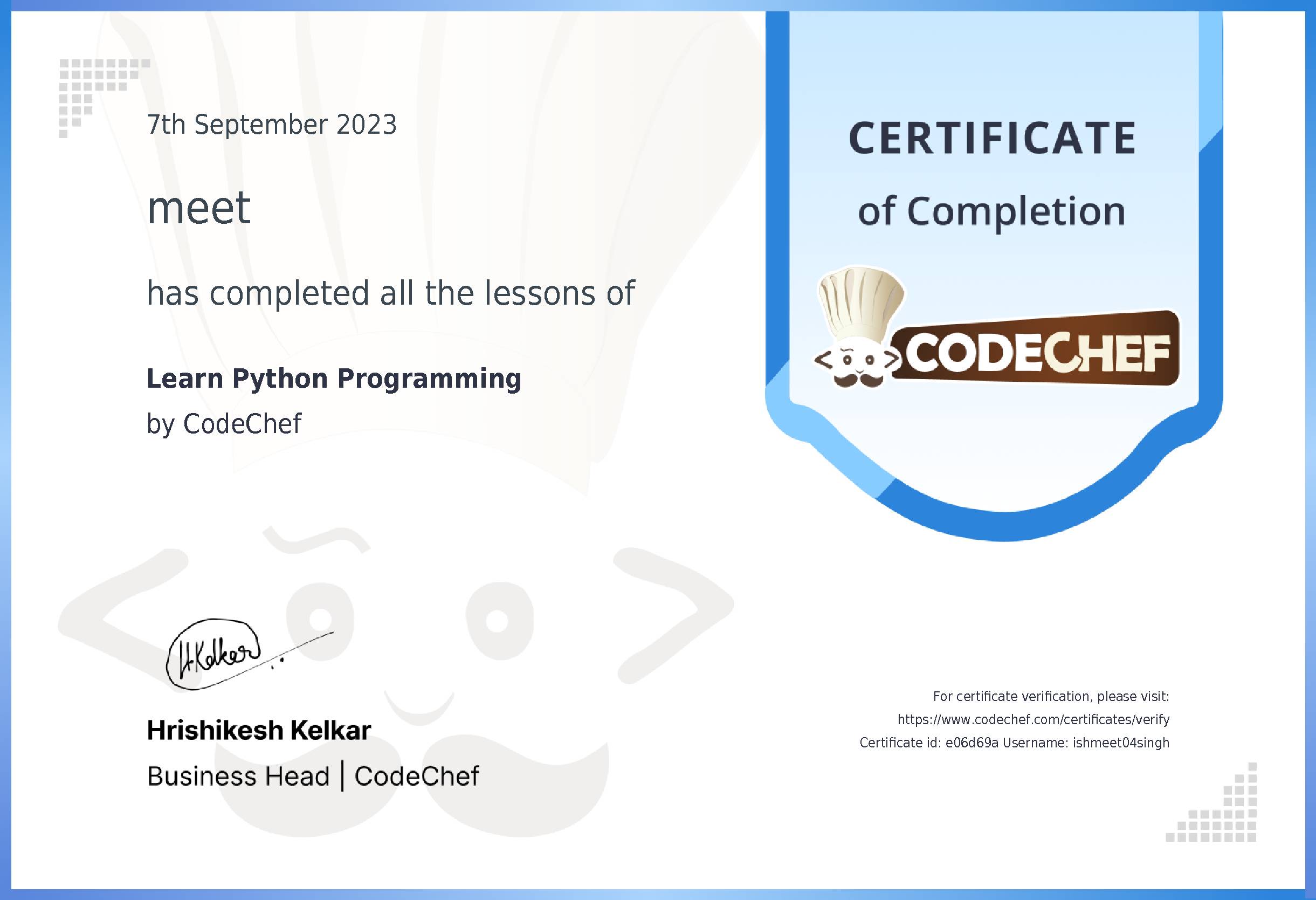 Awarded to meet for completing <a href='/learn/course/python'>Learn Python</a>