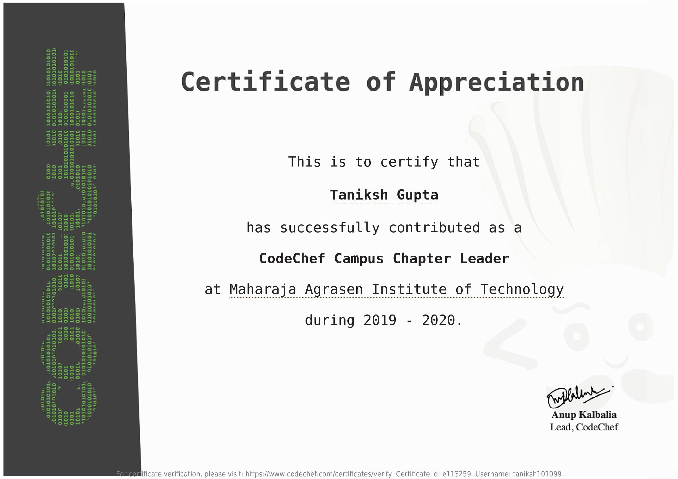 Awarded to Taniksh Gupta