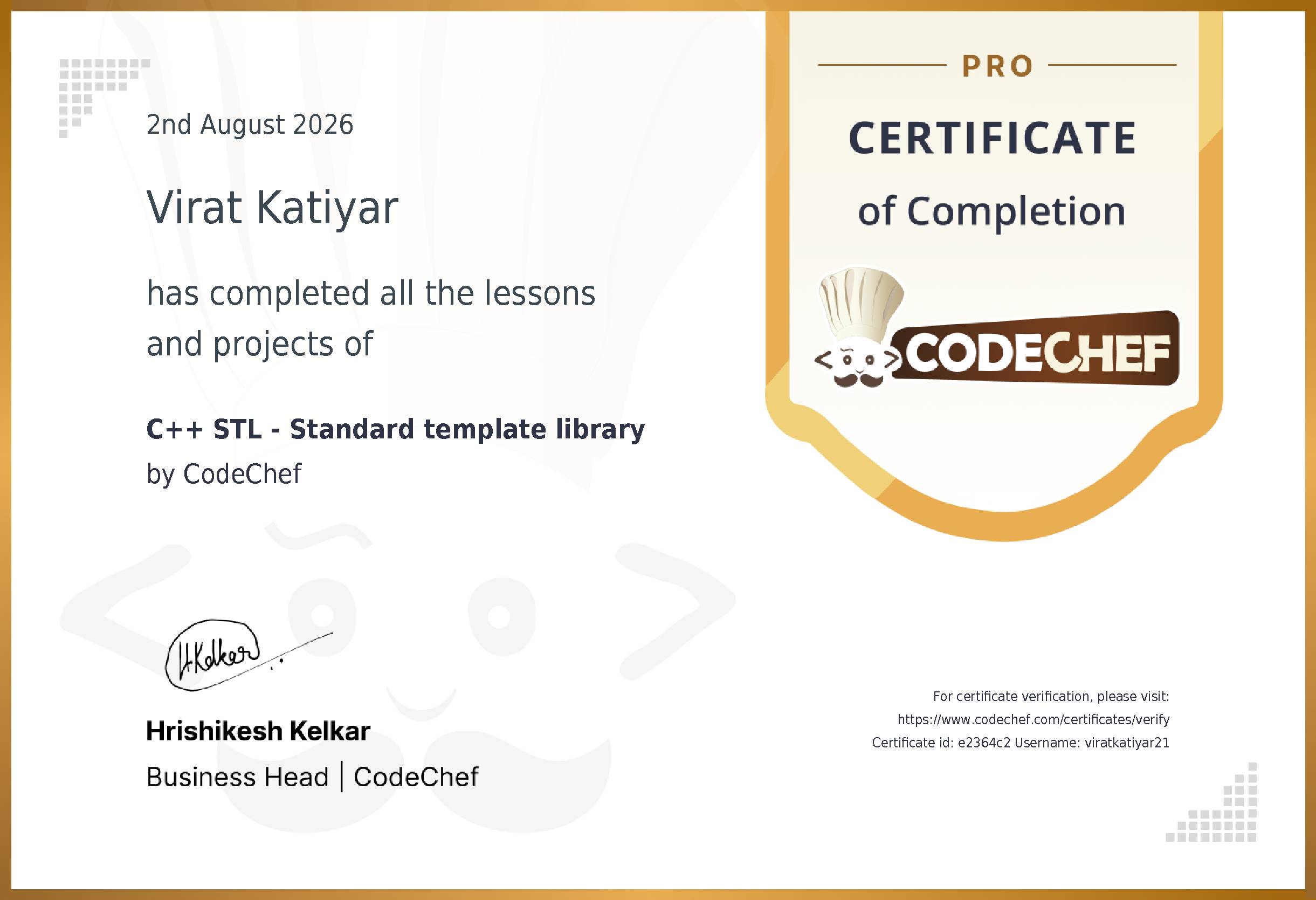Awarded to Virat Katiyar for completing <a href='/learn/course/cpp-stl'>C++ STL - Standard template library</a>