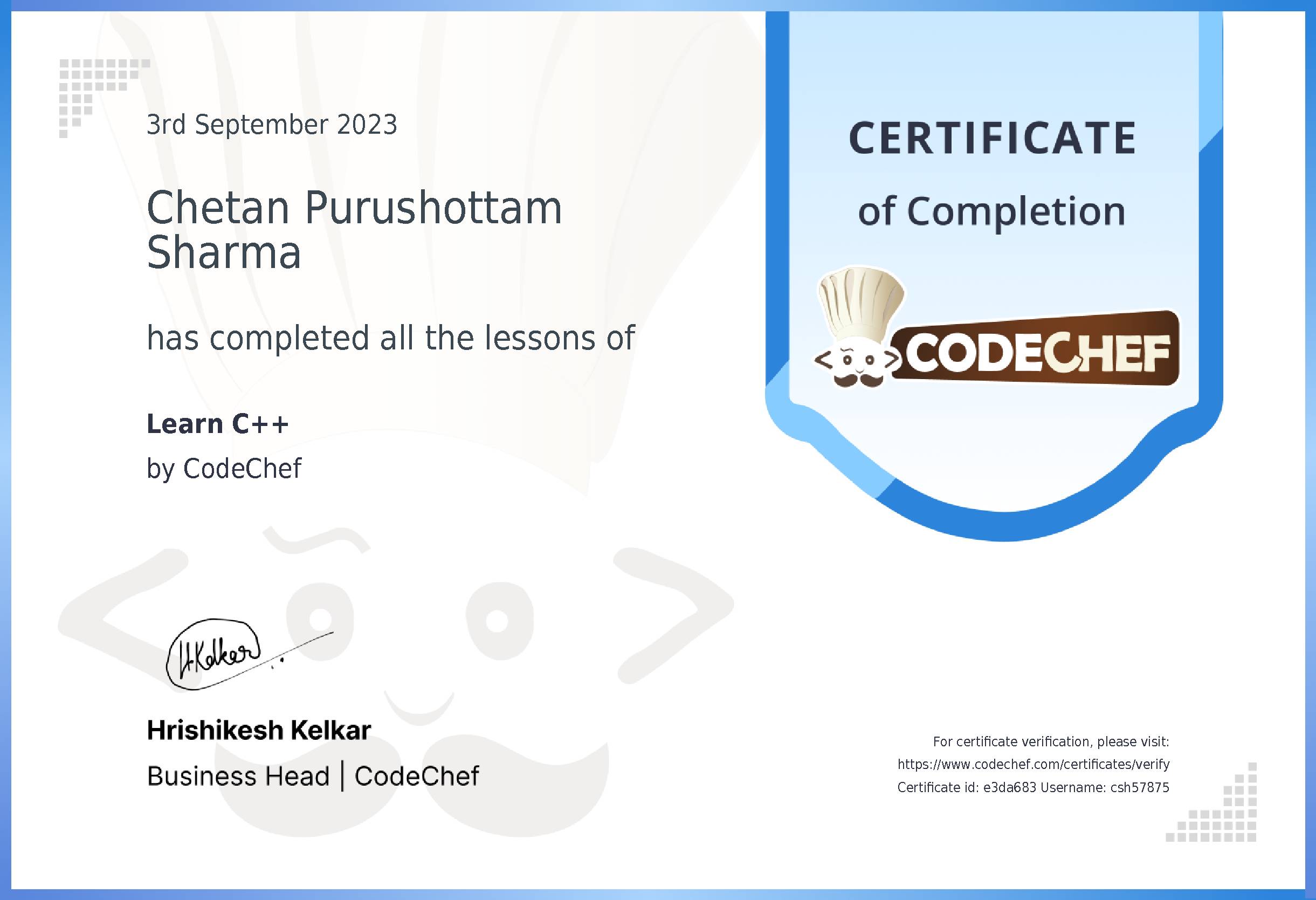 Awarded to Chetan Purushottam Sharma for completing <a href='/learn/course/cpp'>Learn C++</a>