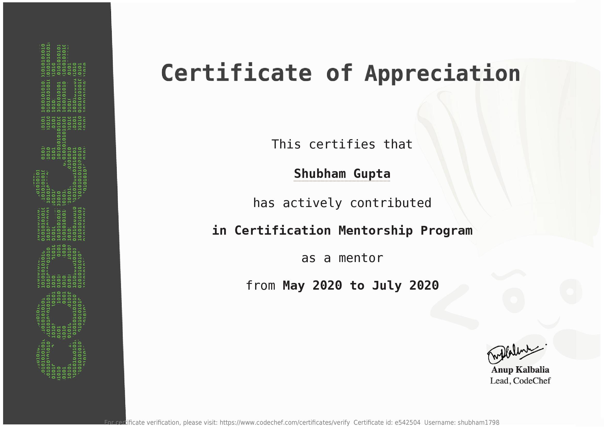 Awarded to Shubham Gupta