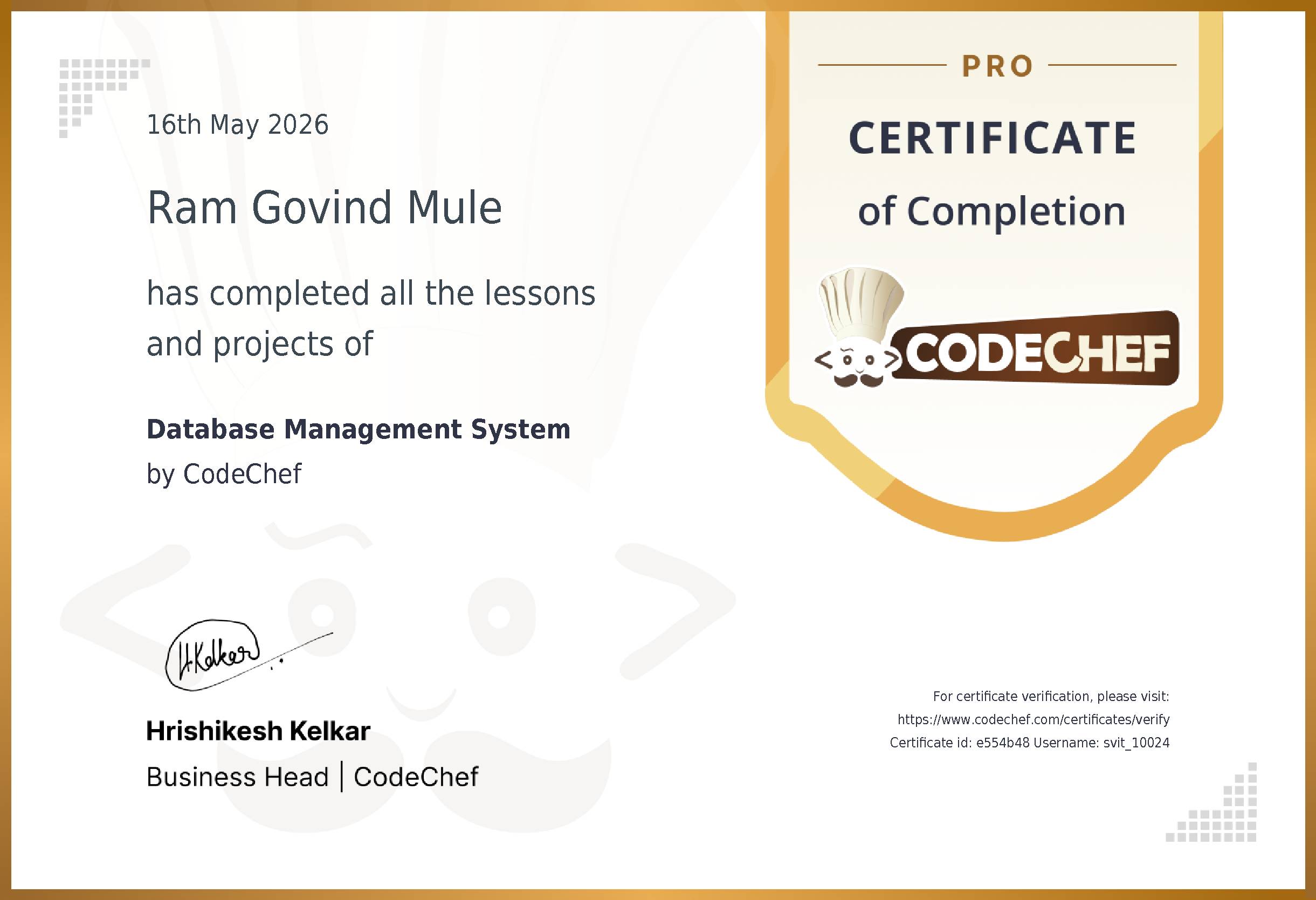 Awarded to Ram Govind Mule for completing <a href='/learn/course/svit-mca-s1-dbms'>Database Management System</a>