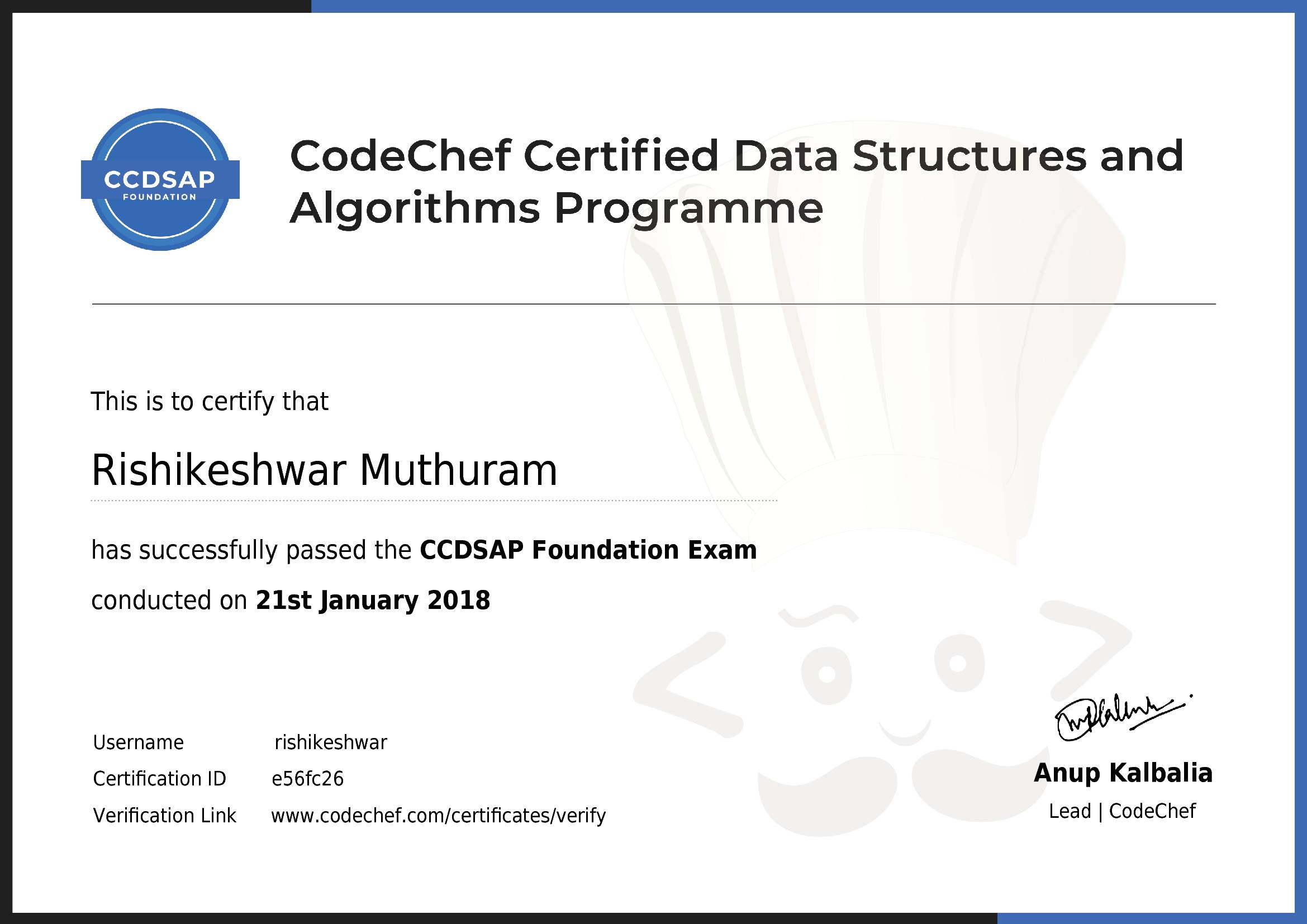 Awarded to Rishikeshwar Muthuram