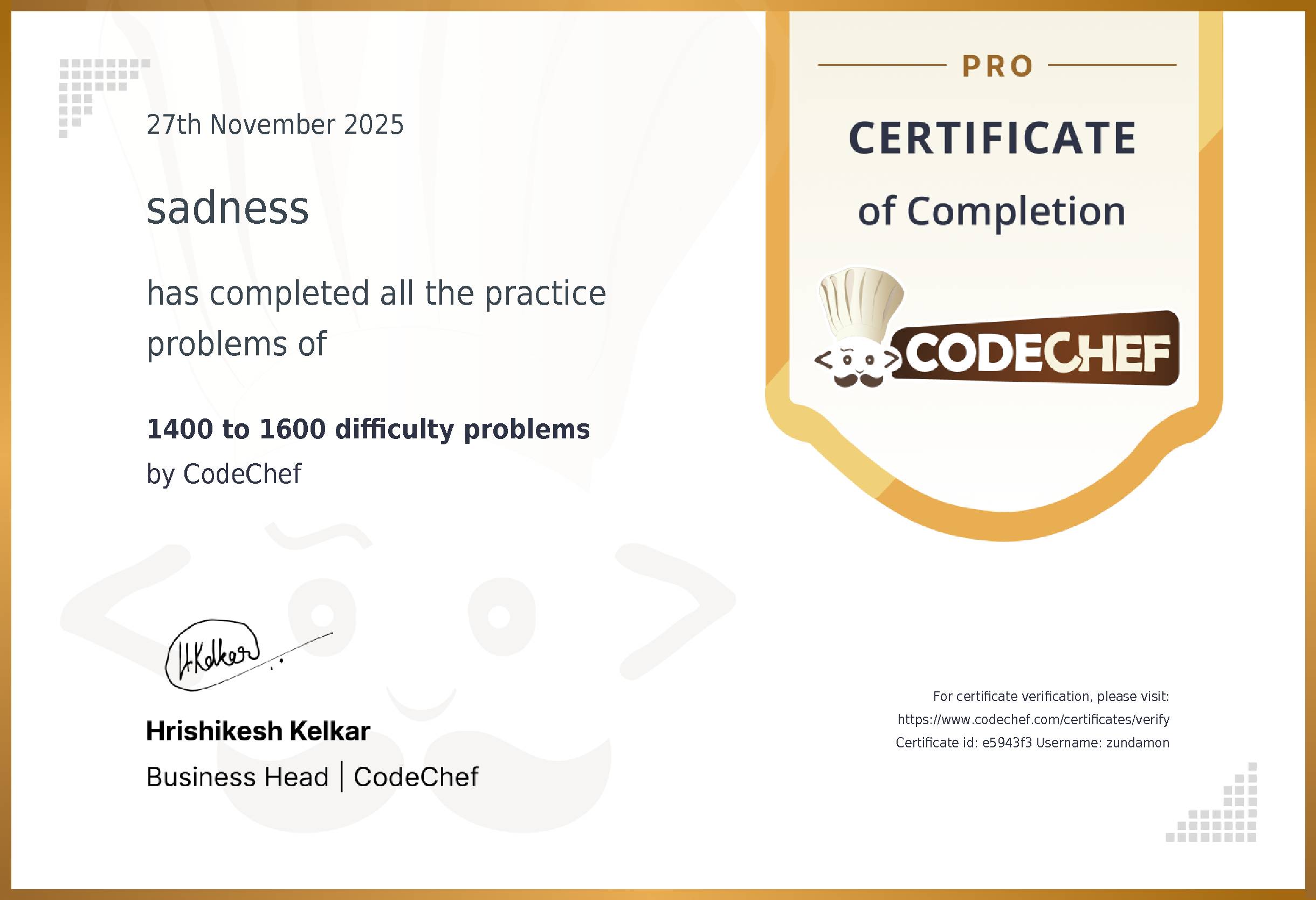 Awarded to sadness for completing <a href='/practice/2-star-difficulty-problems'>1400 to 1600 difficulty problems</a>