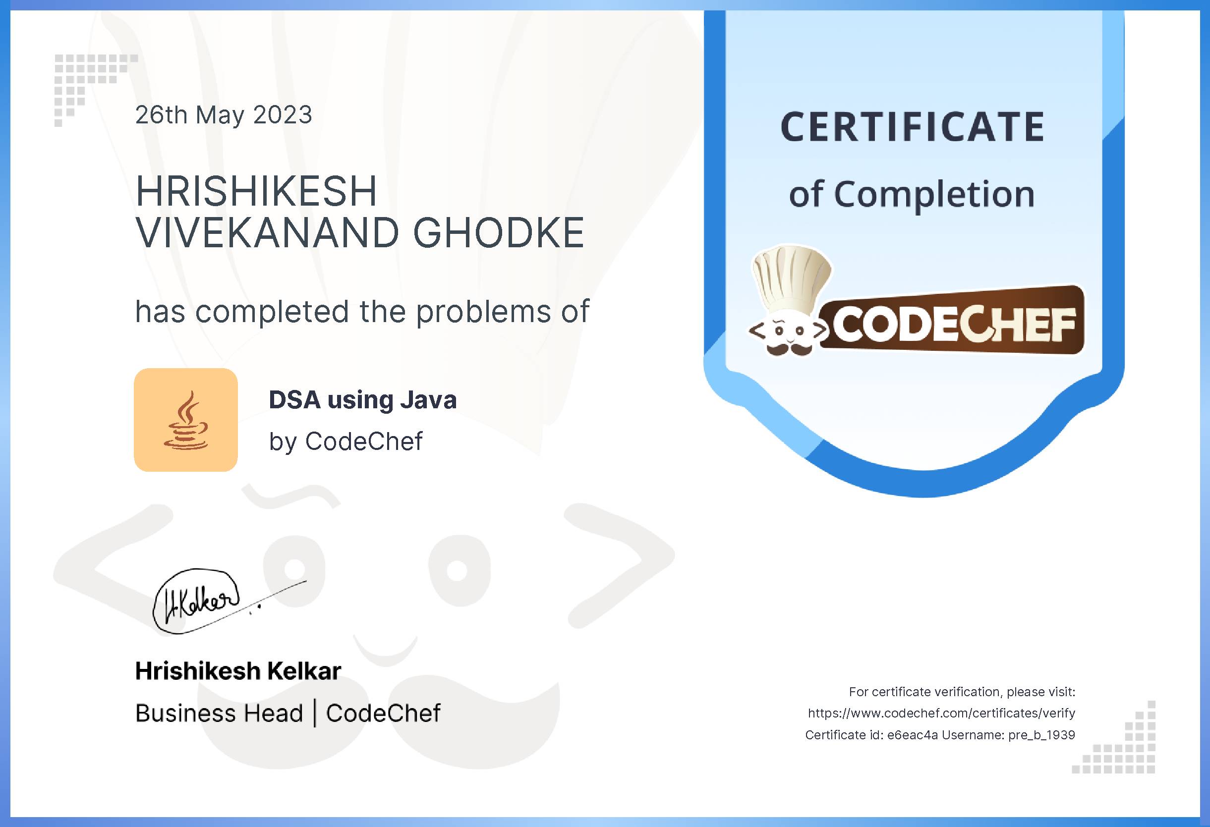 Awarded to HRISHIKESH VIVEKANAND GHODKE