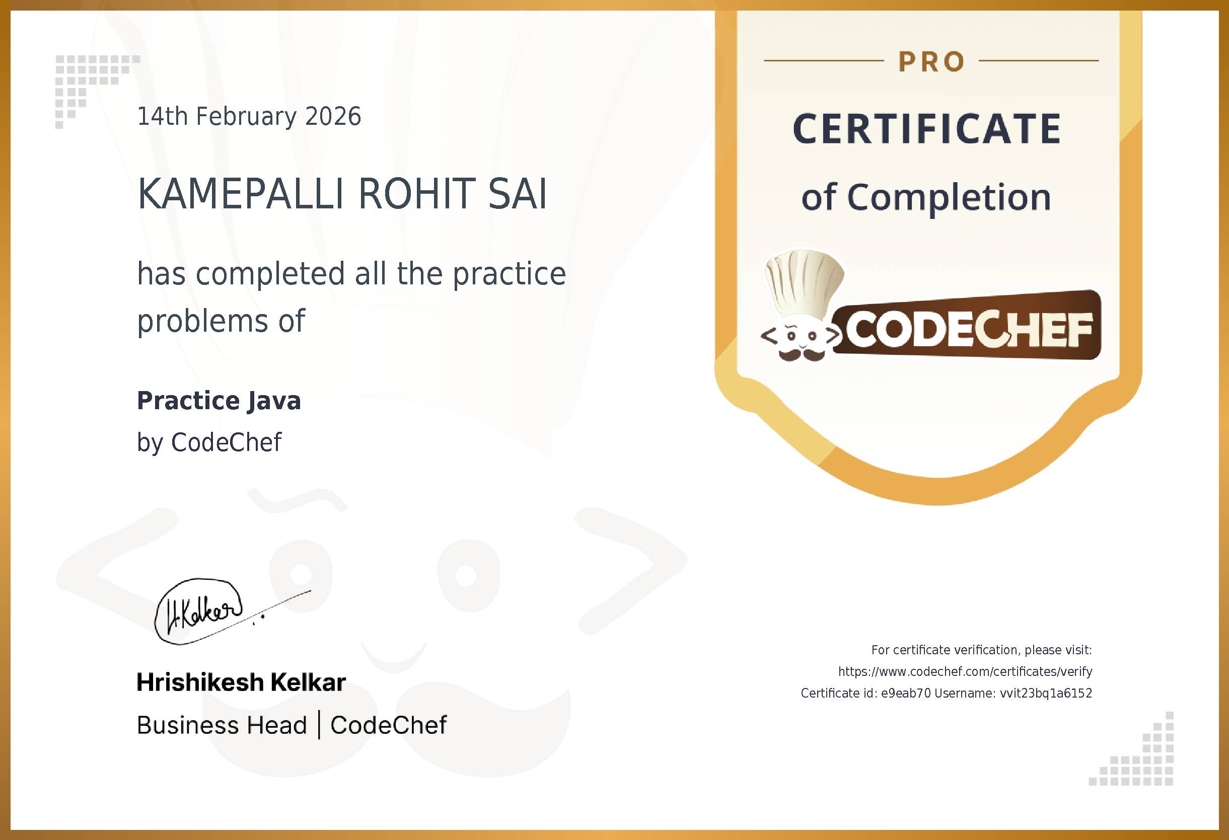 Awarded to KAMEPALLI ROHIT SAI for completing <a href='/practice/java'>Practice Java</a>