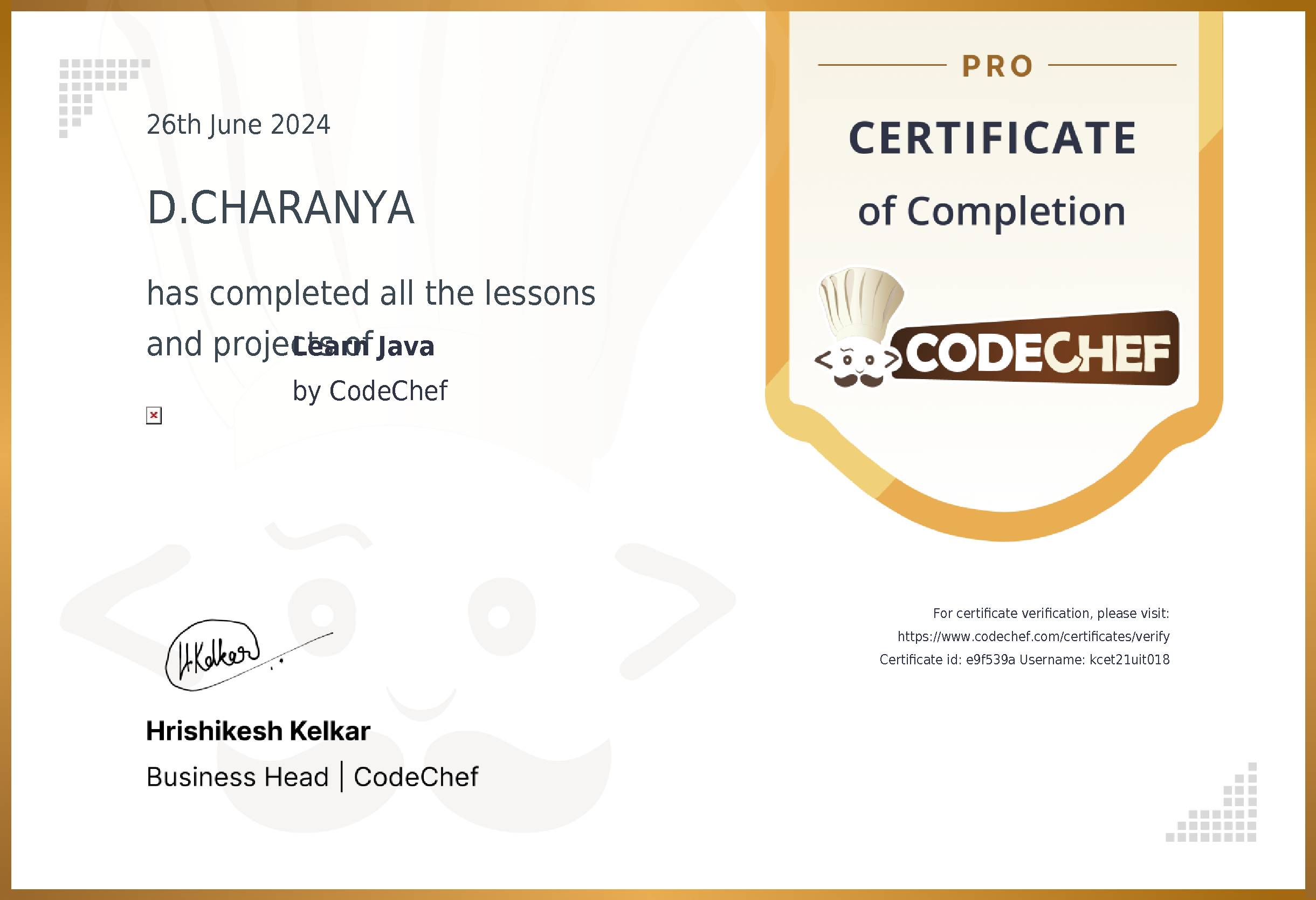 Awarded to D.CHARANYA for completing <a href='/learn/course/kamaraj-java'>Learn Java</a>