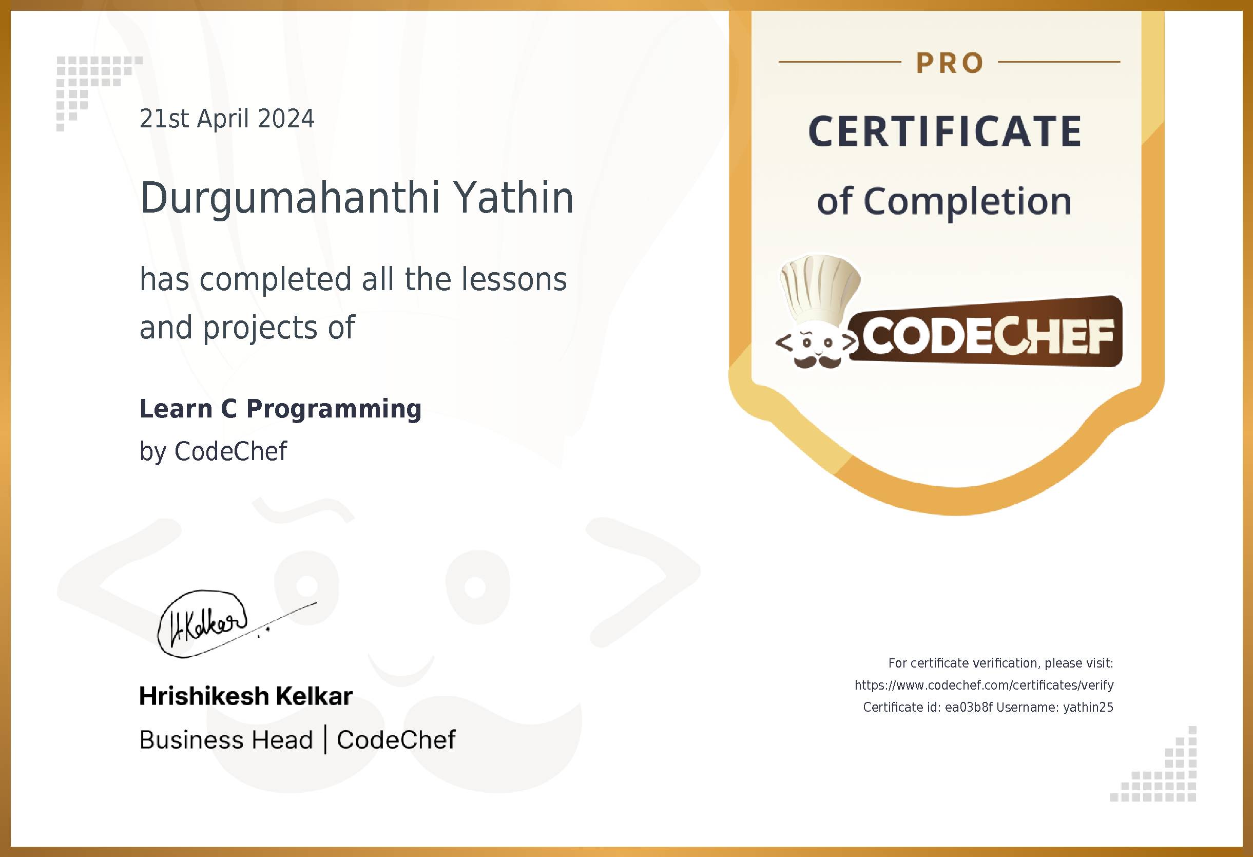 Awarded to Durgumahanthi Yathin for completing <a href='/learn/course/c-previous'>Learn C</a>