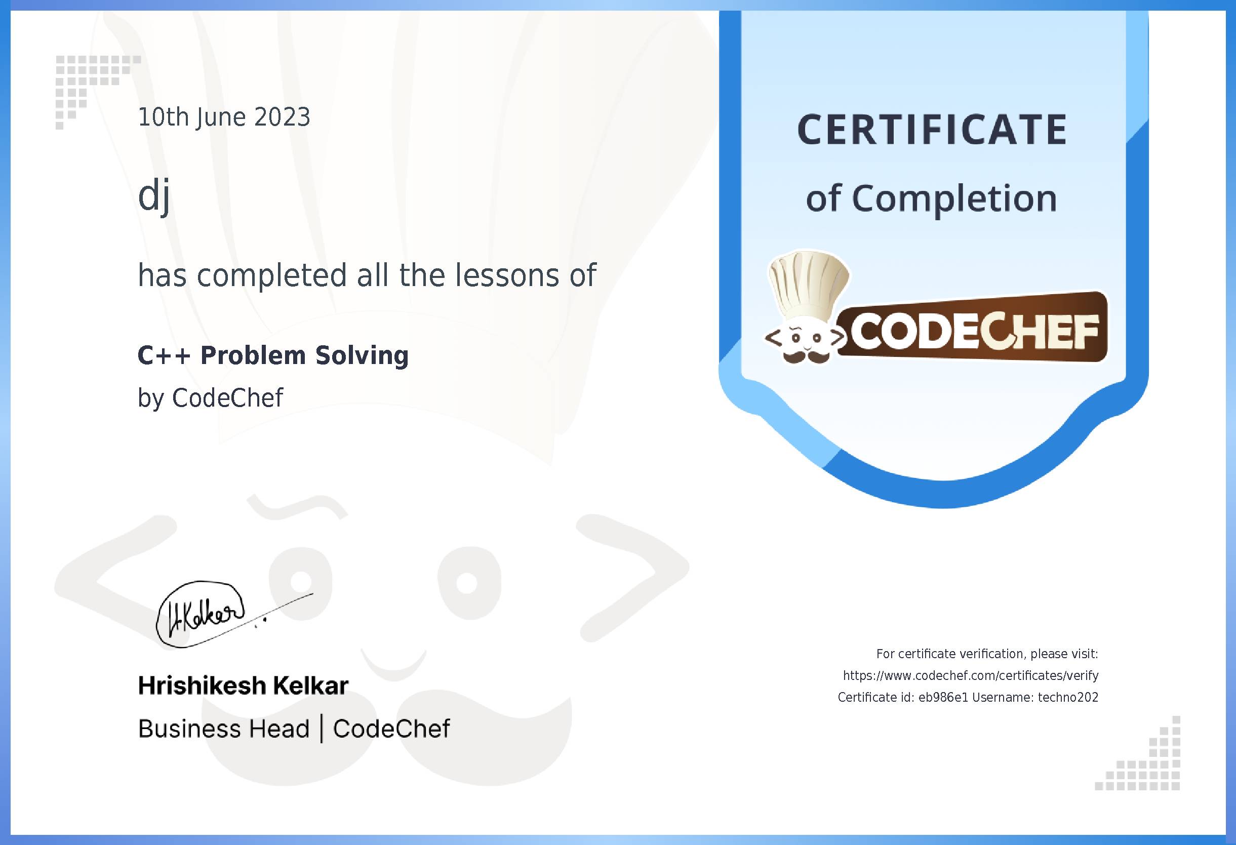 Awarded to dj for completing <a href='/learn/course/cpp-beginner-v2-p1'>C++ for problem solving - 1</a>