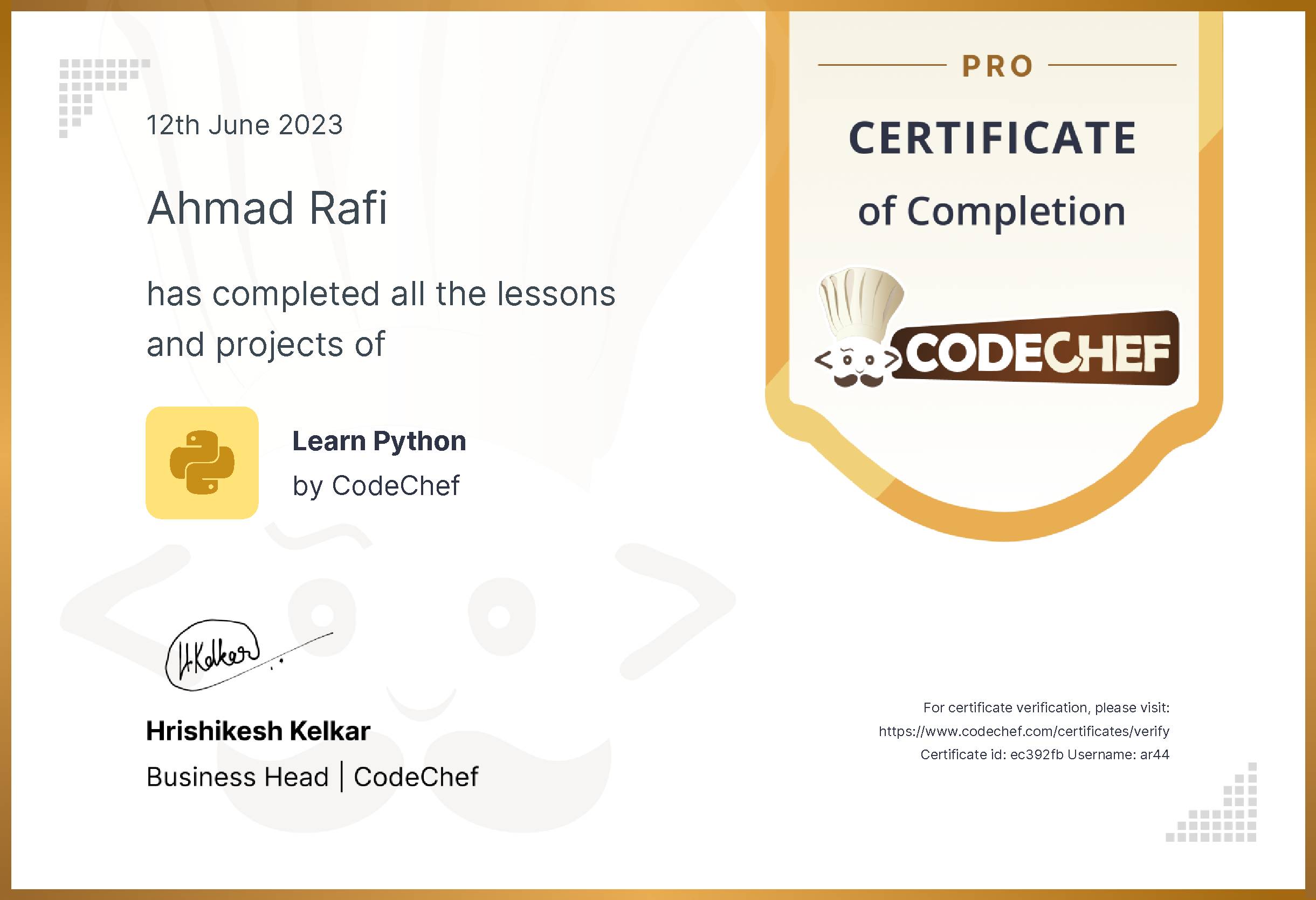 Awarded to Ahmad Rafi for completing <a href='/learn/course/python-old'>Learn Python - Pro</a>