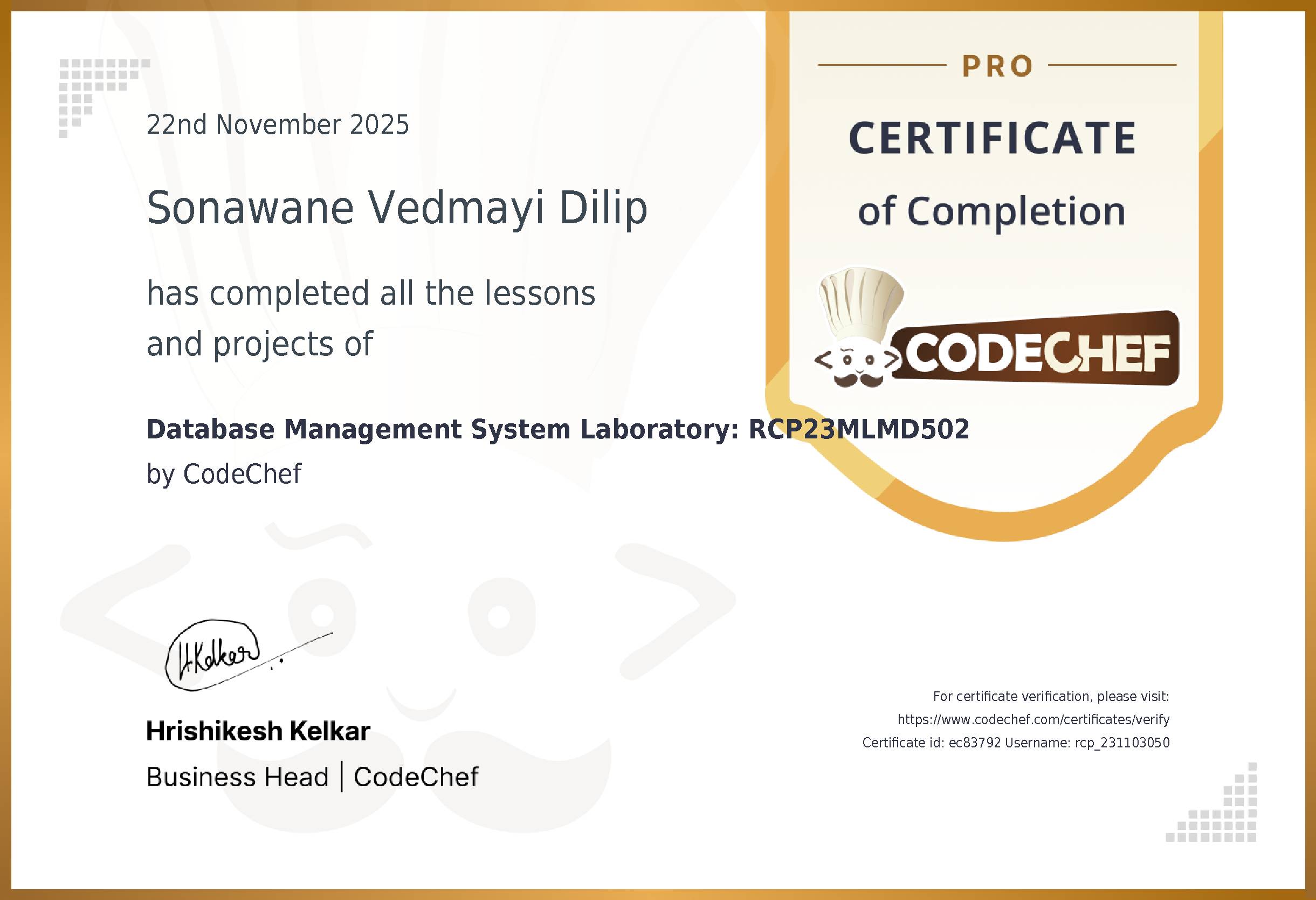 Awarded to Sonawane Vedmayi Dilip for completing <a href='/learn/course/rcpit-me-dbms-s5-2025'>Database Management System Laboratory: RCP23MLMD502</a>