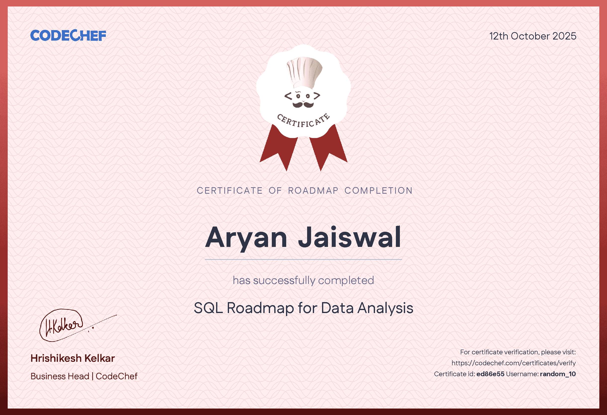 Awarded to Aryan Jaiswal