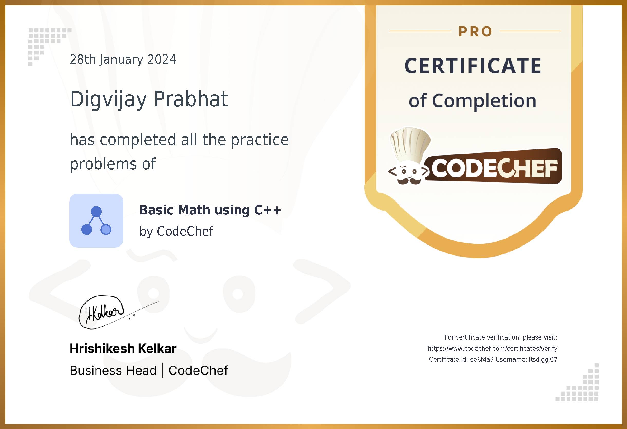 Awarded to Digvijay Prabhat for completing <a href='/practice/basic-math-cpp'>Basic Math using C++</a>