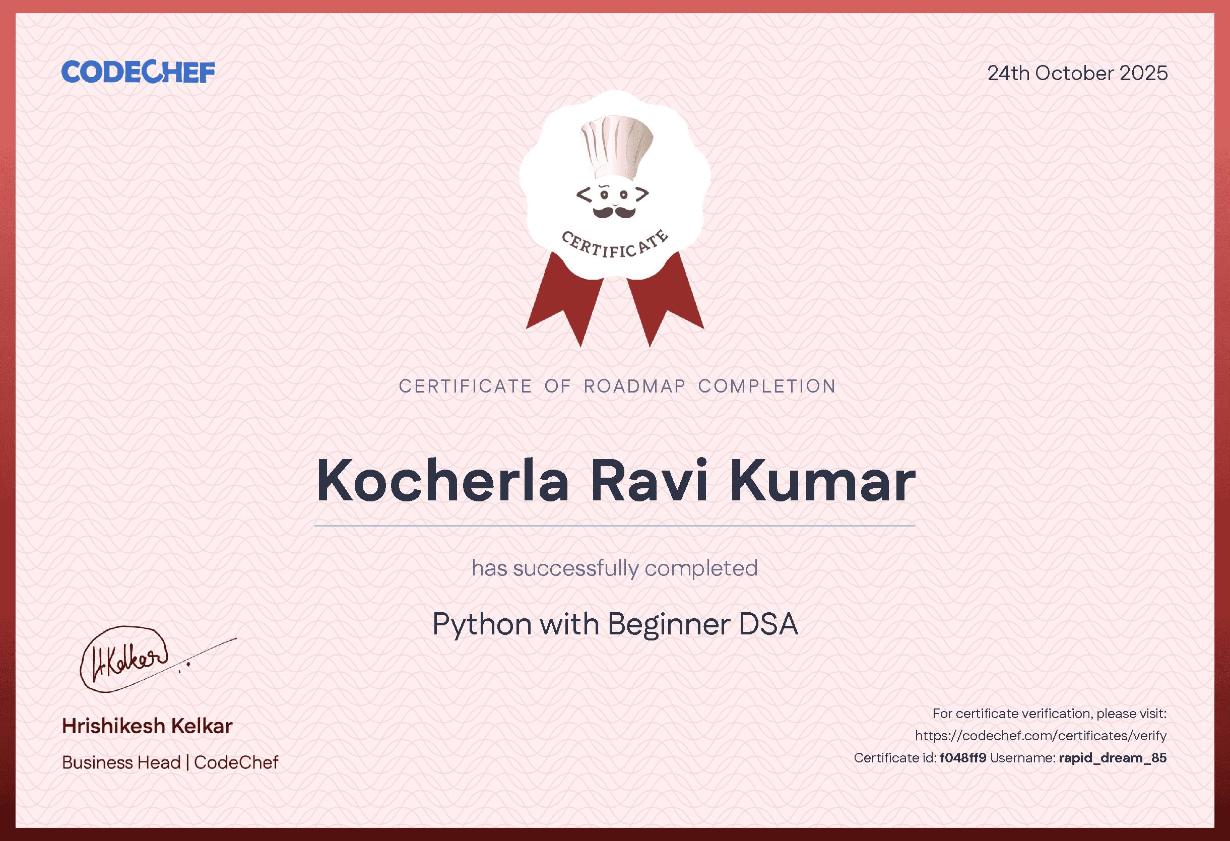 Awarded to Kocherla Ravi Kumar