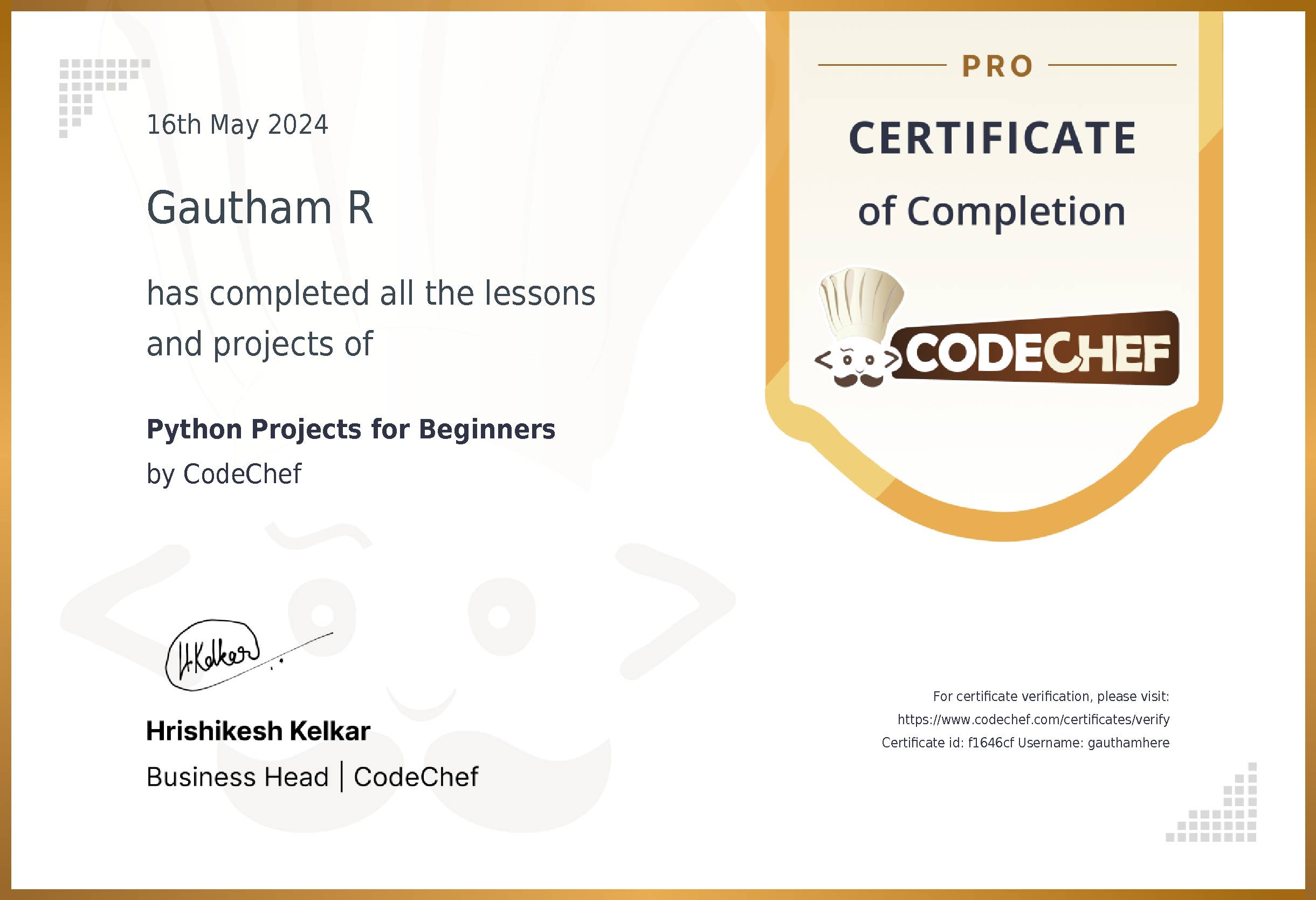 Awarded to Gautham R for completing <a href='/practice/projects-python'>Python Projects</a>