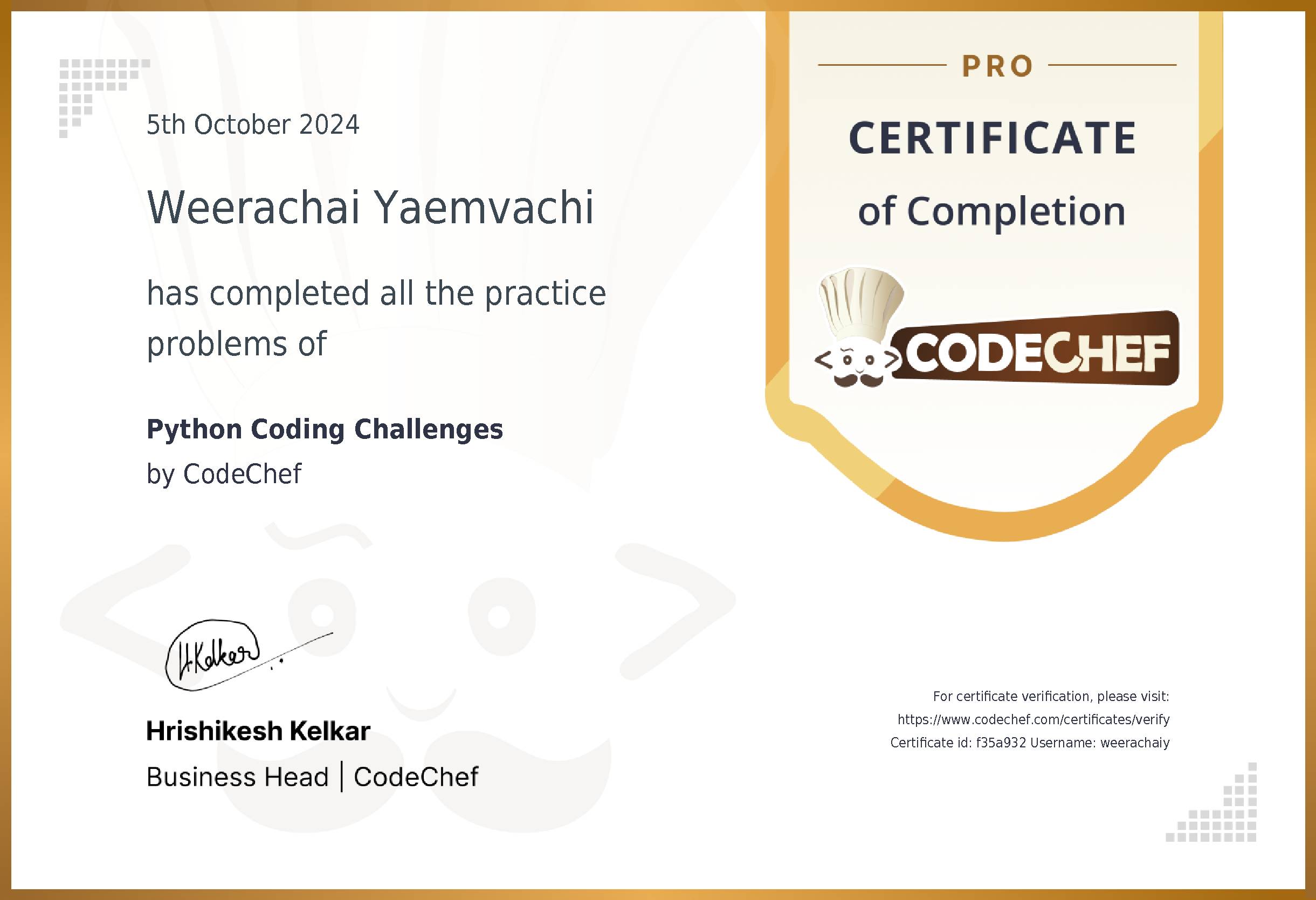 Awarded to Weerachai Yaemvachi for completing <a href='/practice/python-coding-challenges'>Python Coding Challenges</a>