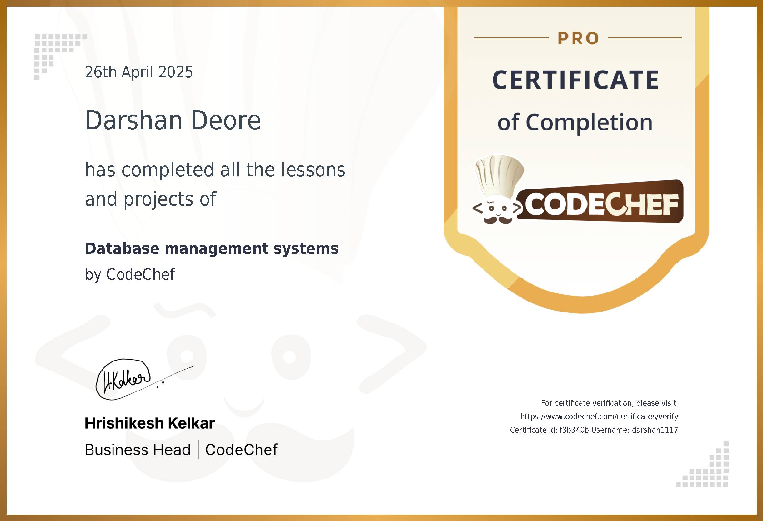Awarded to Darshan Deore for completing <a href='/learn/course/rcpit-dbms-sql'>Database management systems</a>