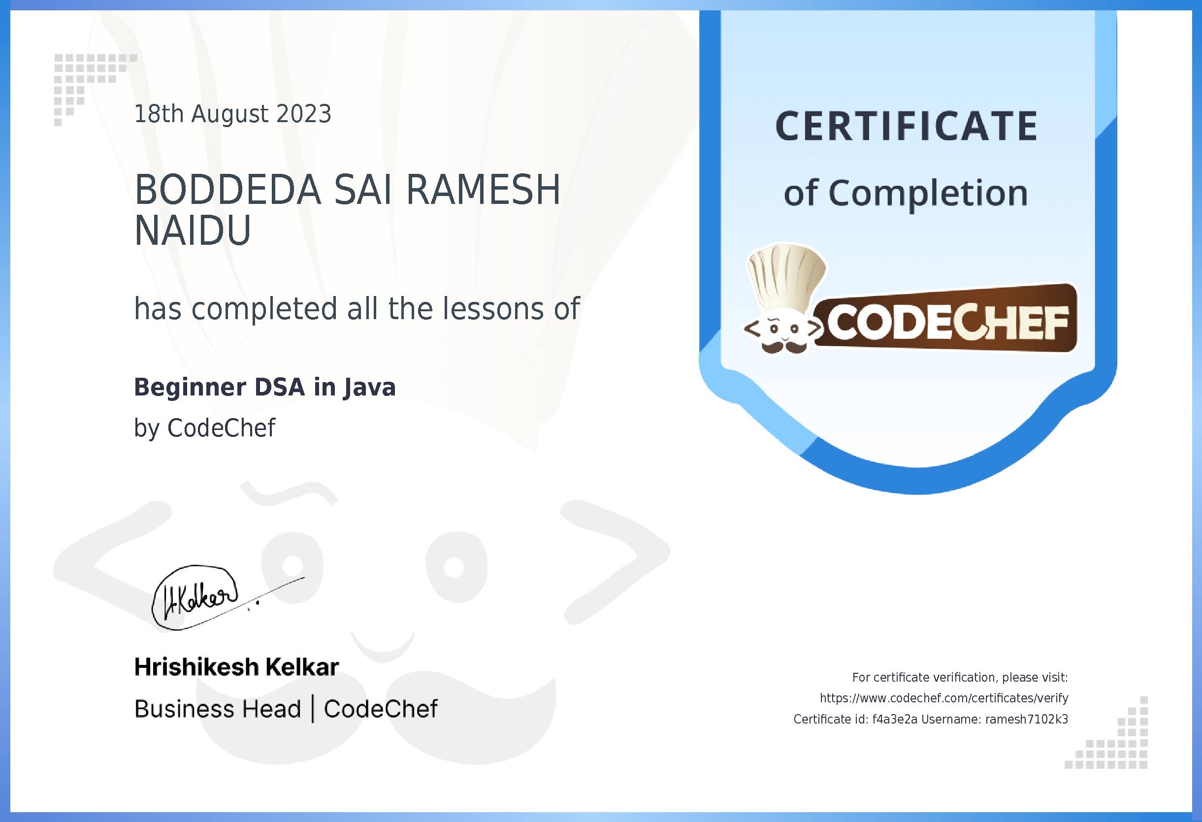 Awarded to BODDEDA SAI RAMESH NAIDU  for completing <a href='/learn/course/java-beginner-v2-p2'>Java for problem solving - 2</a>