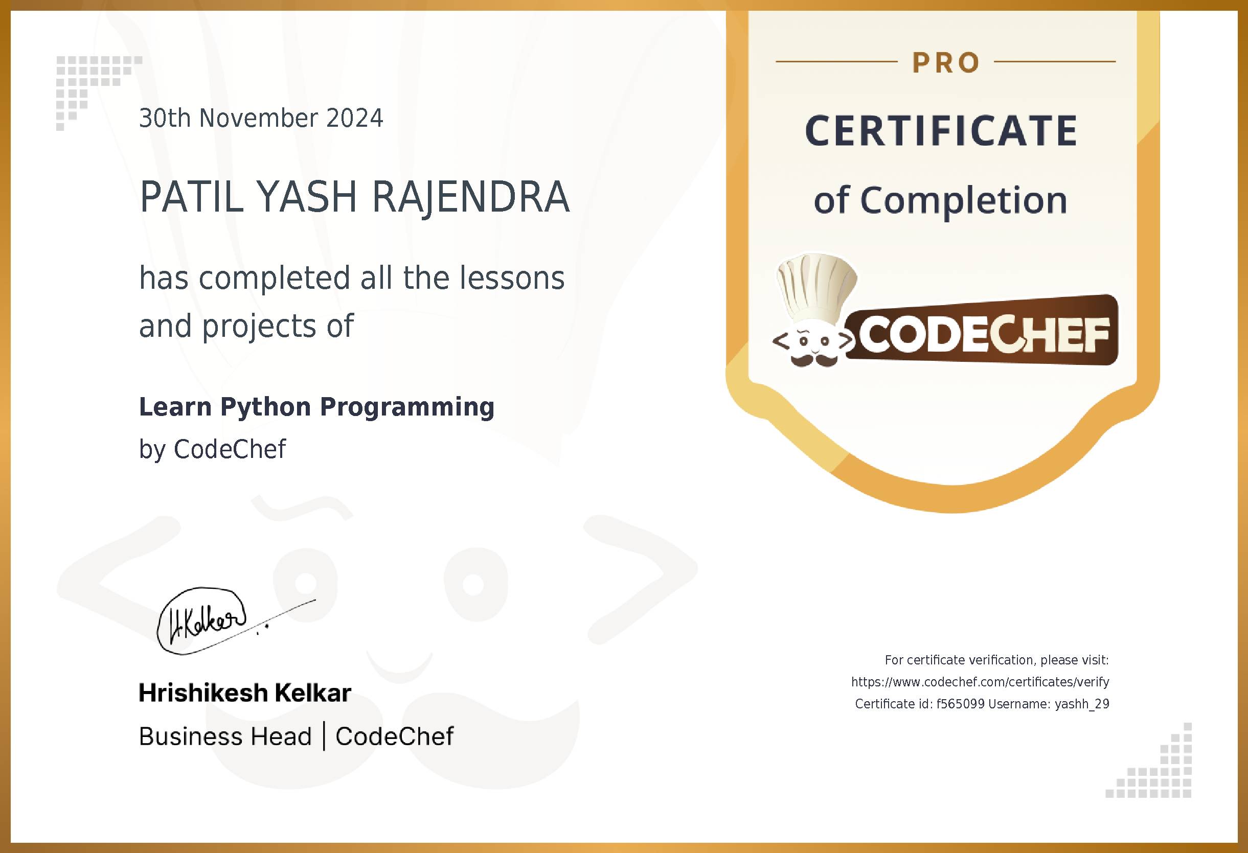 Awarded to PATIL YASH RAJENDRA for completing <a href='/learn/course/python'>Learn Python Programming</a>