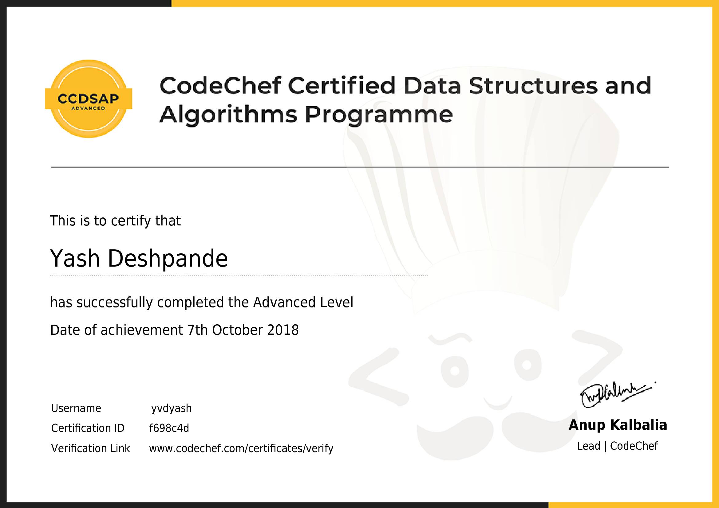 Awarded to Yash Deshpande