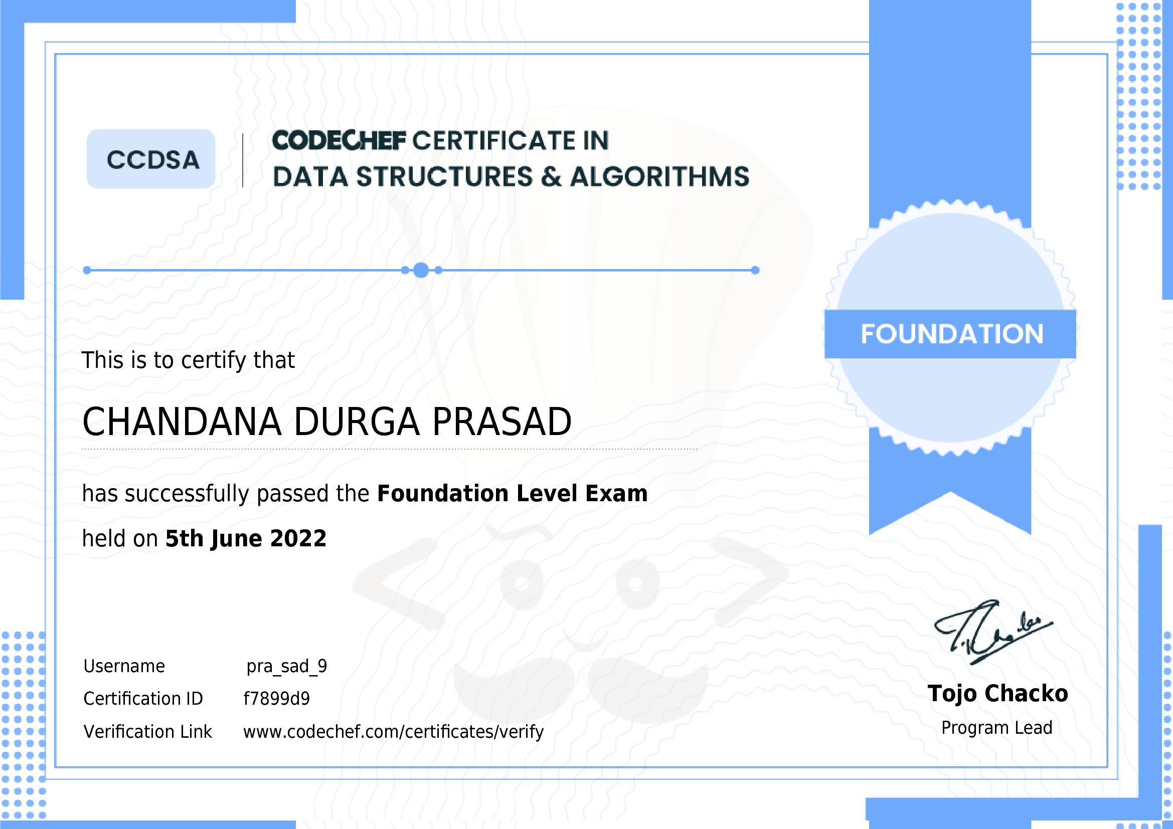 Awarded to CHANDANA DURGA PRASAD