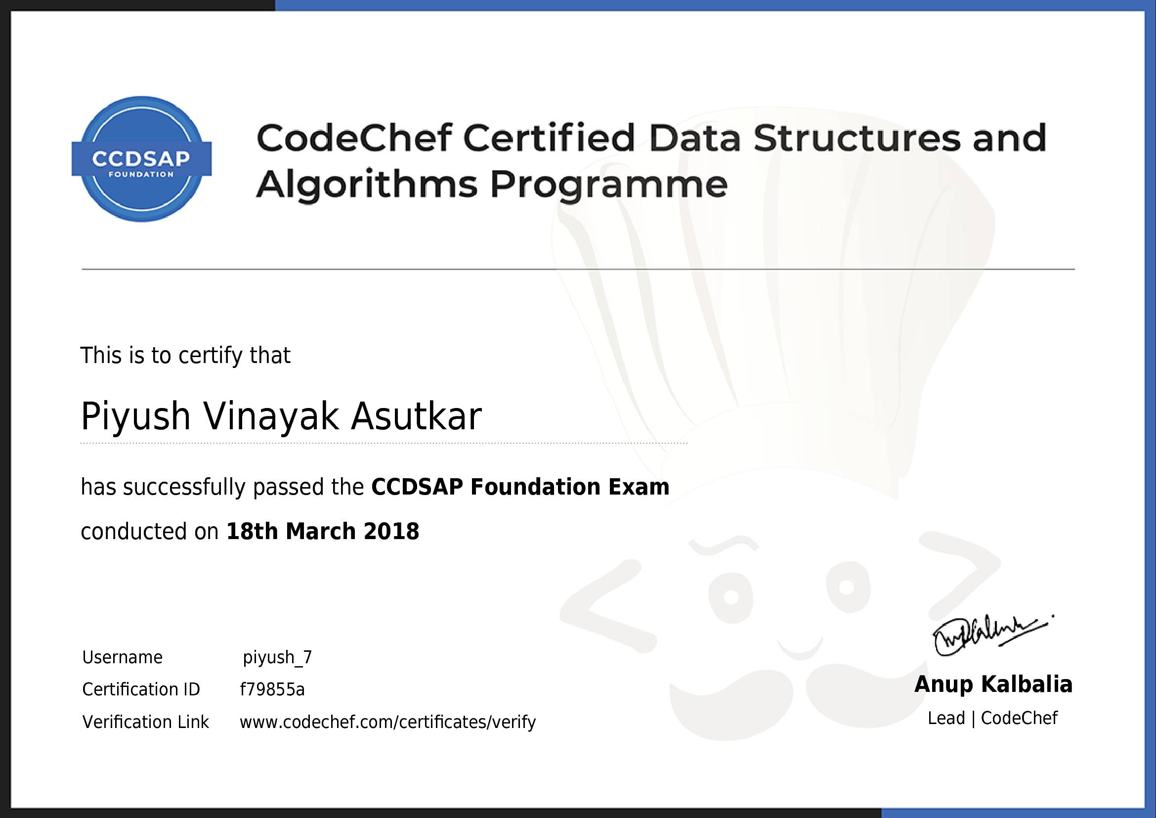 Awarded to Piyush Vinayak Asutkar