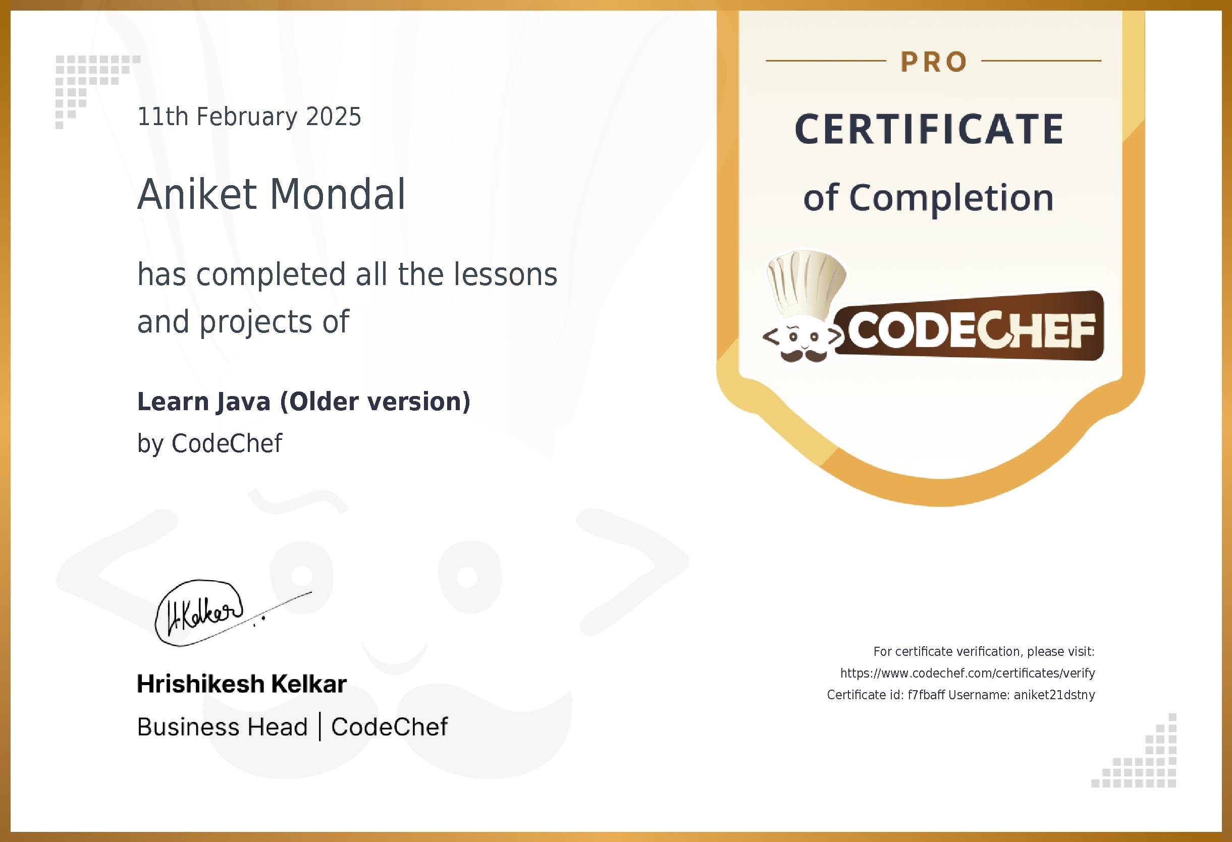 Awarded to Aniket Mondal for completing <a href='/learn/course/java-previous'>Learn Java</a>
