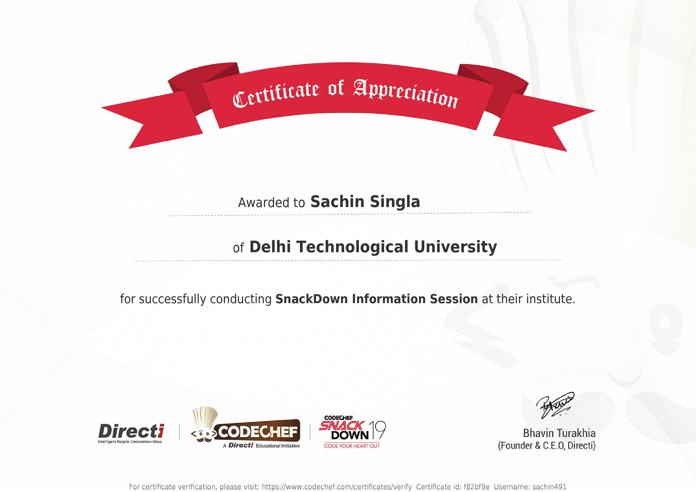 Awarded to Sachin Singla