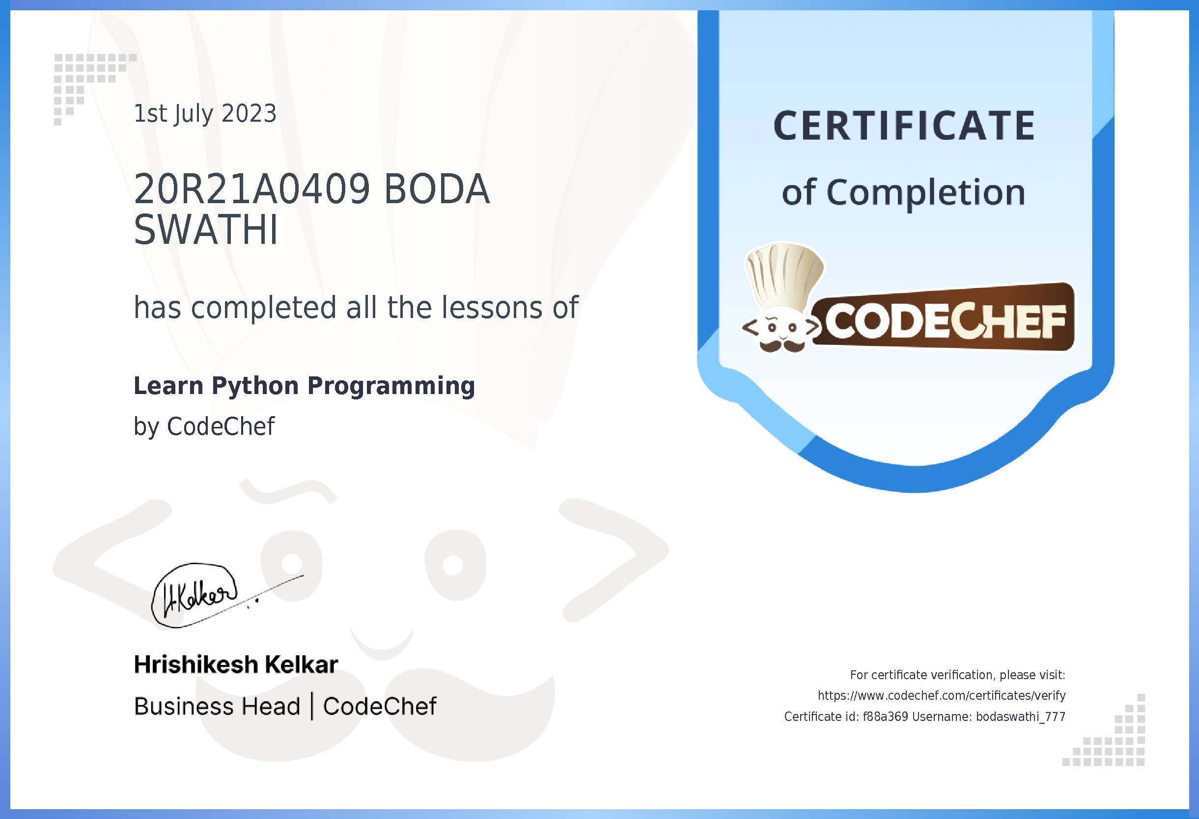 Awarded to 20R21A0409 BODA SWATHI for completing <a href='/learn/course/python'>Learn Python</a>
