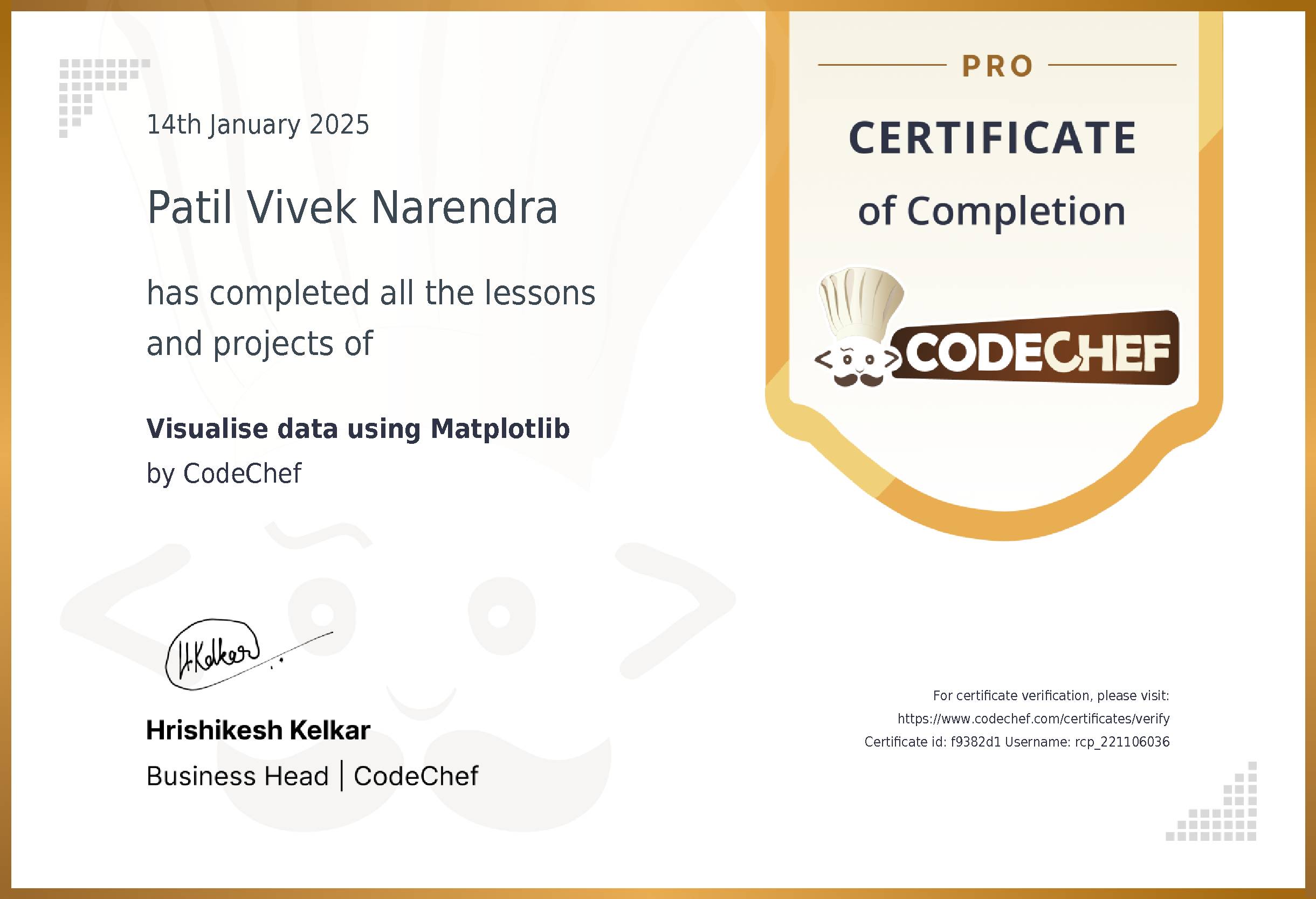 Awarded to Patil Vivek Narendra for completing <a href='/learn/course/matplotlib'>Visualise data using Matplotlib</a>