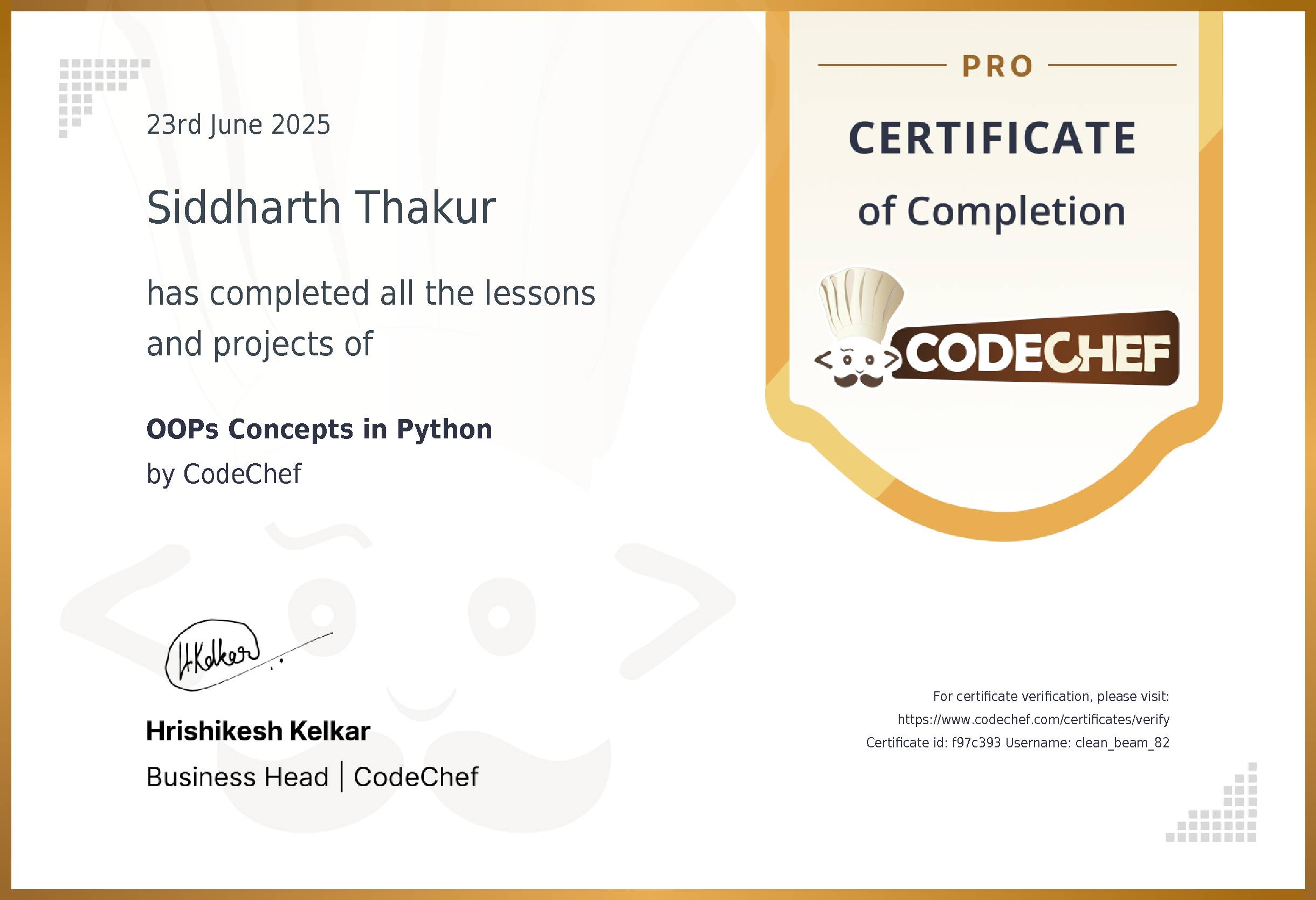 Awarded to Siddharth Thakur for completing <a href='/learn/course/oops-concepts-in-python'>OOPS Concepts in Python</a>