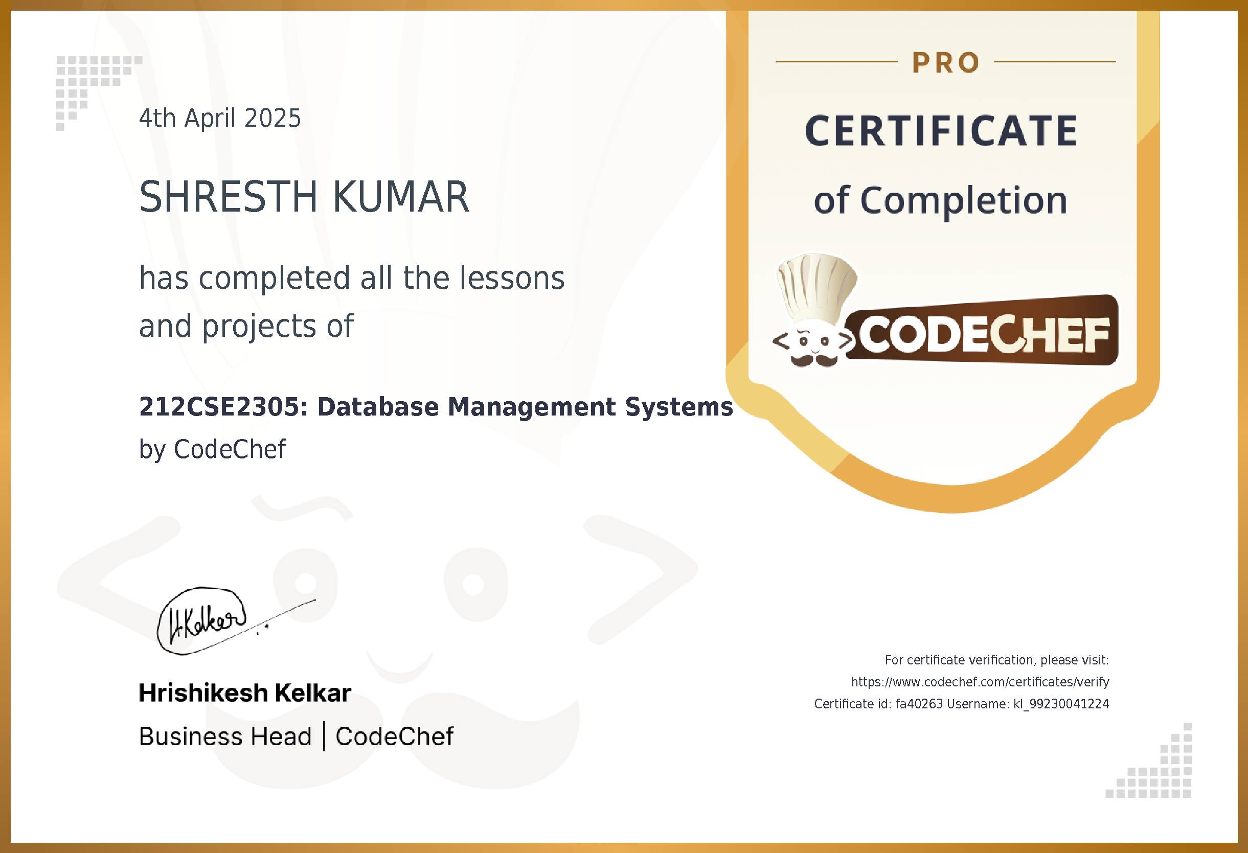 Awarded to SHRESTH KUMAR for completing <a href='/learn/course/kl-dbms-cs-2024'>212CSE2305: DATABASE MANAGEMENT SYSTEMS</a>