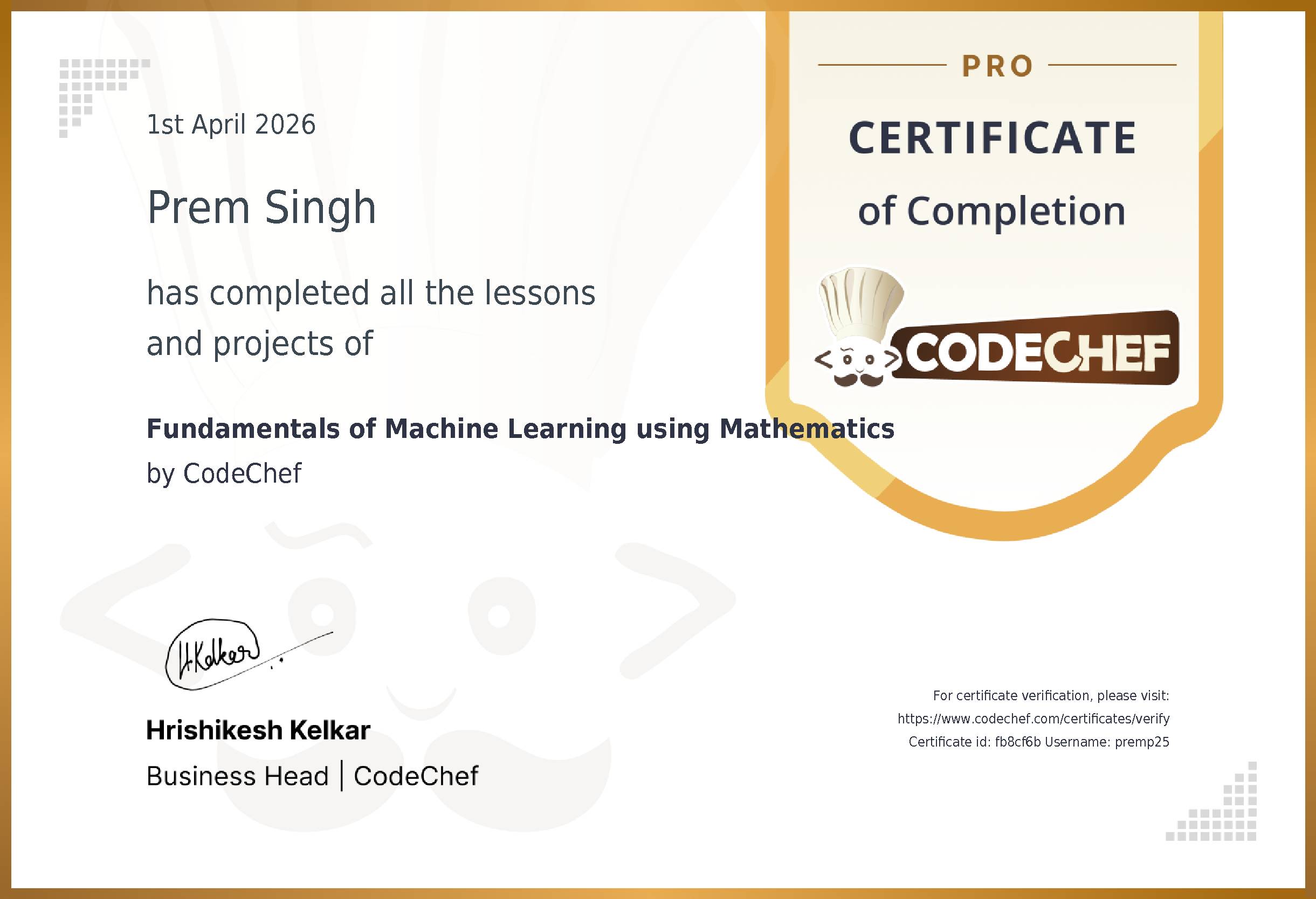 Awarded to Prem Singh for completing <a href='/learn/course/polaris-foml2'>Fundamentals of Machine Learning using Mathematics</a>