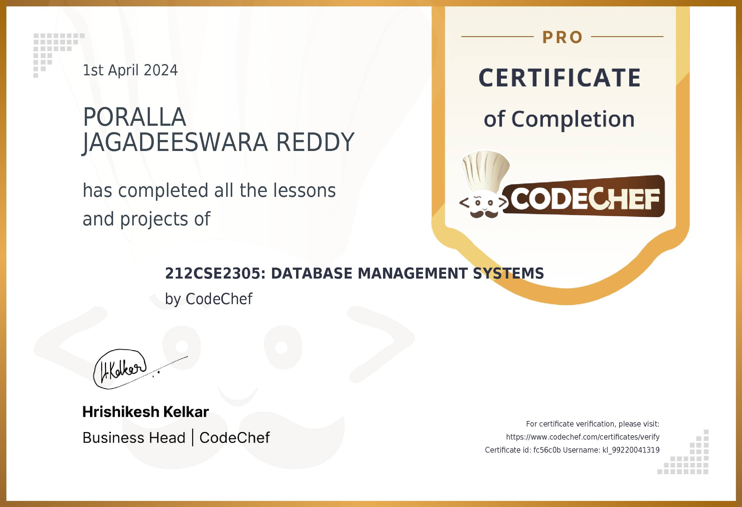 Awarded to PORALLA JAGADEESWARA REDDY for completing <a href='/learn/course/kl-dbms-cs'>212CSE2305: DATABASE MANAGEMENT SYSTEMS</a>