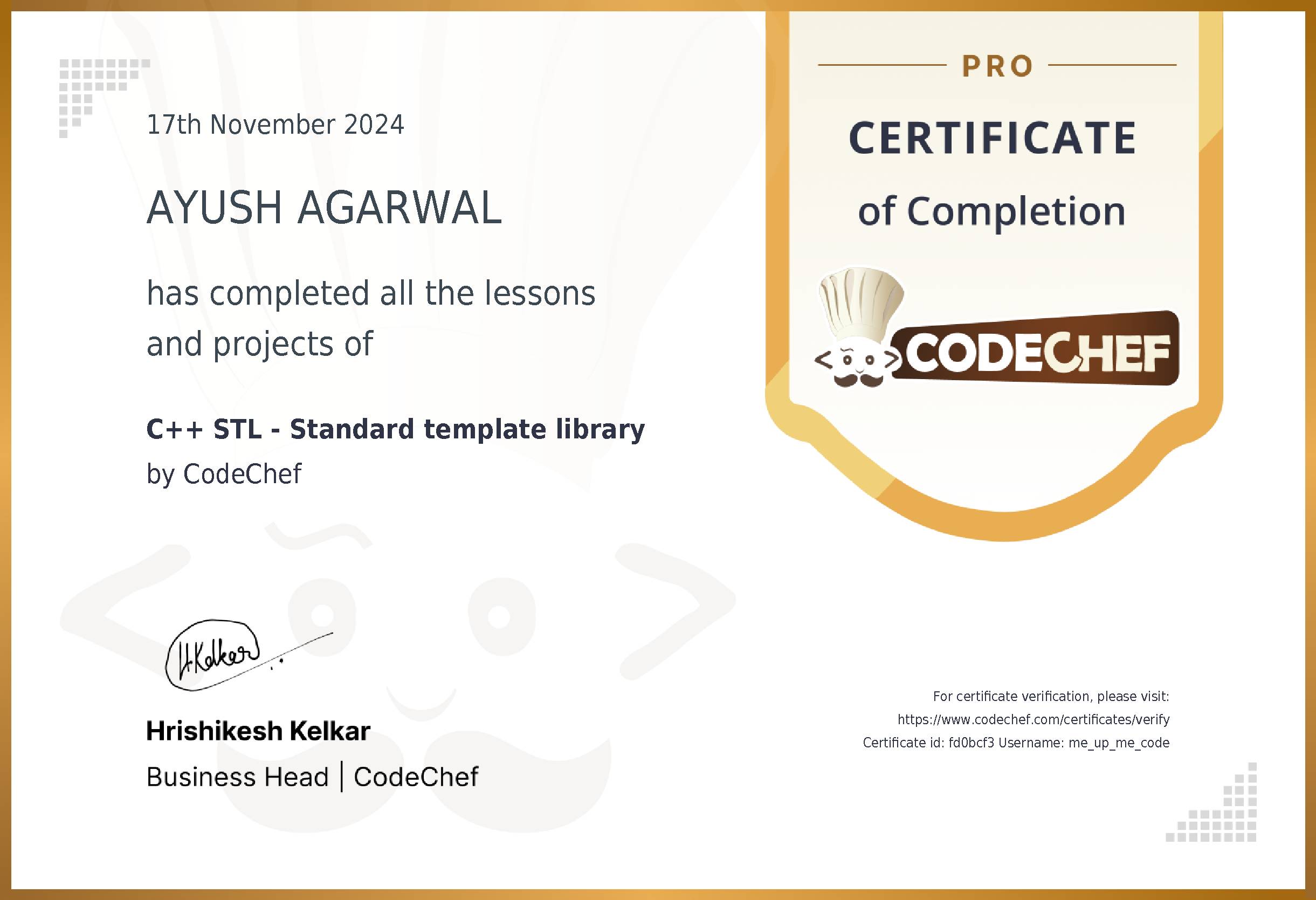 Awarded to AYUSH AGARWAL for completing <a href='/learn/course/cpp-stl'>C++ STL - Standard template library</a>