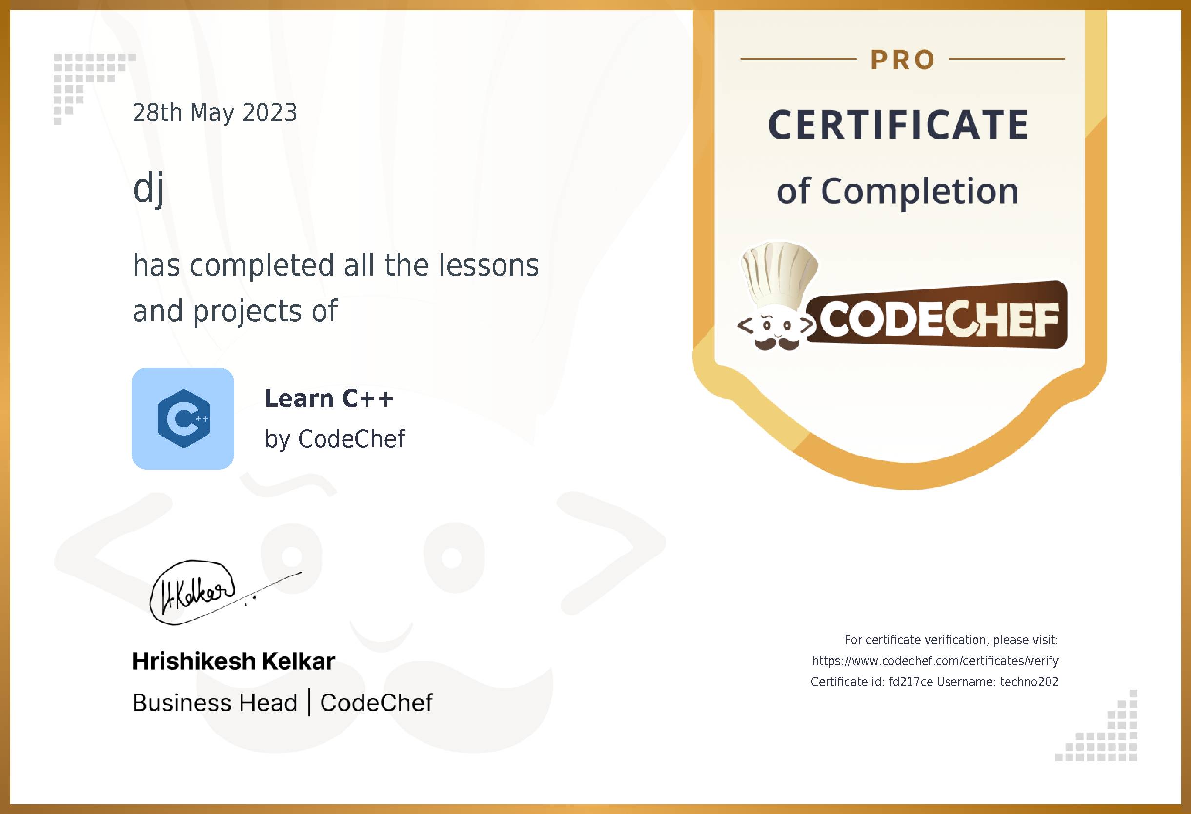 Awarded to dj for completing <a href='/learn/course/cpp-old'>Learn C++ - Pro</a>