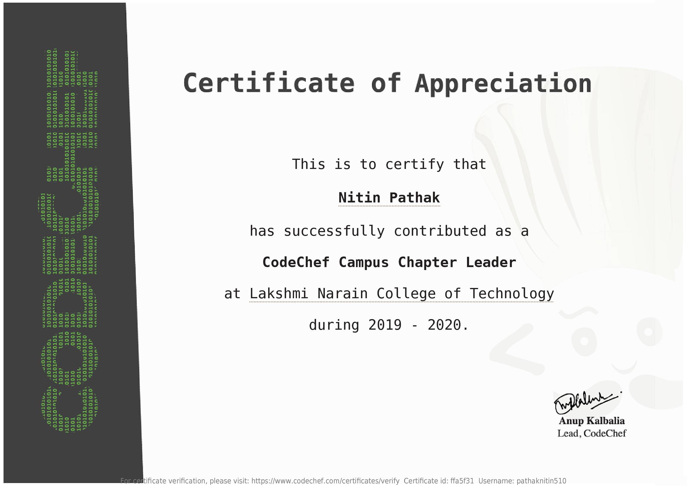 Awarded to Nitin Pathak